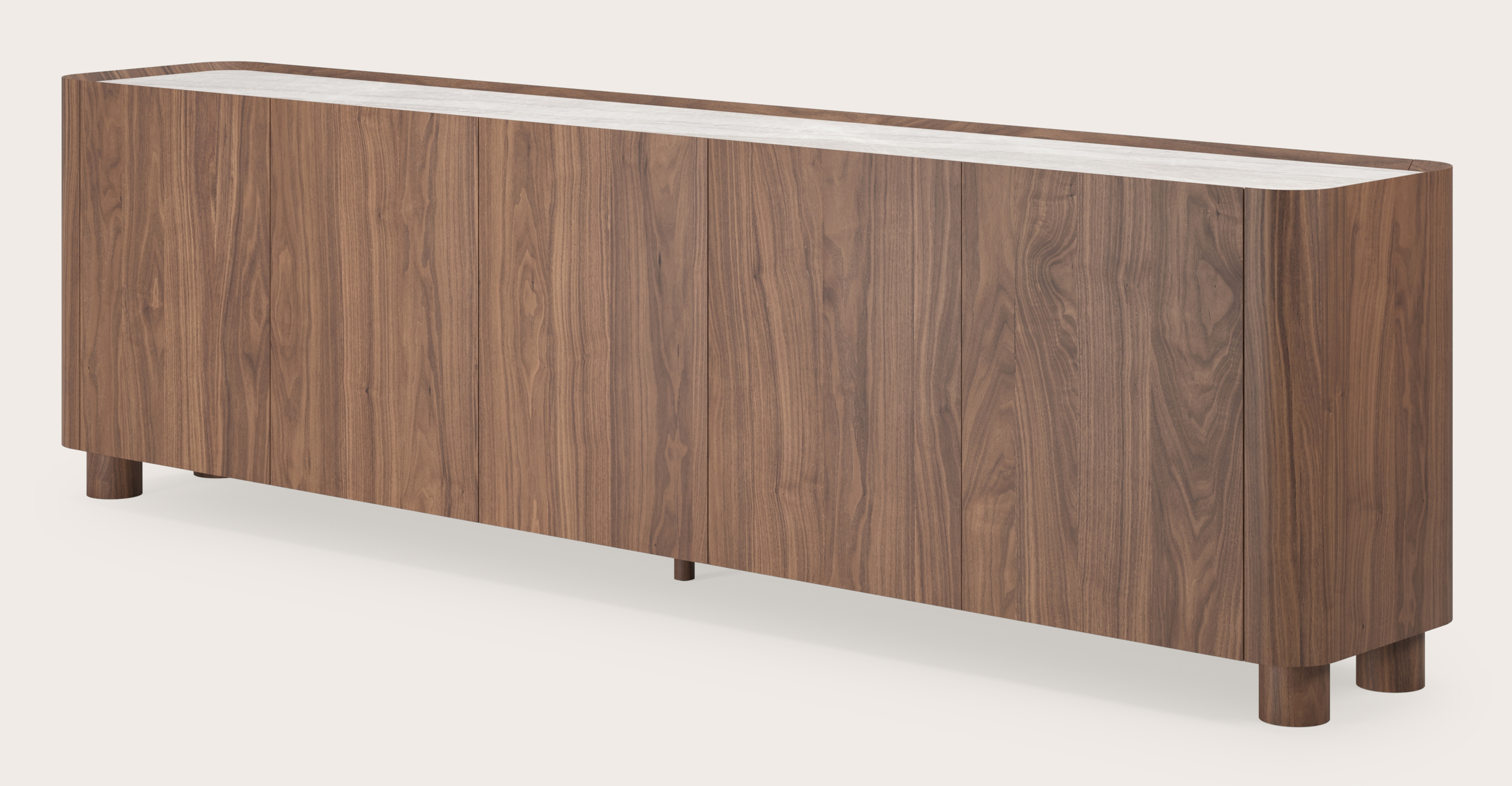 Curvato dressoir in walnoot met ronde houten poten met volkeramisch Ceramo blad in kleur Taj Mahal 269 x 45 x 76 cm
