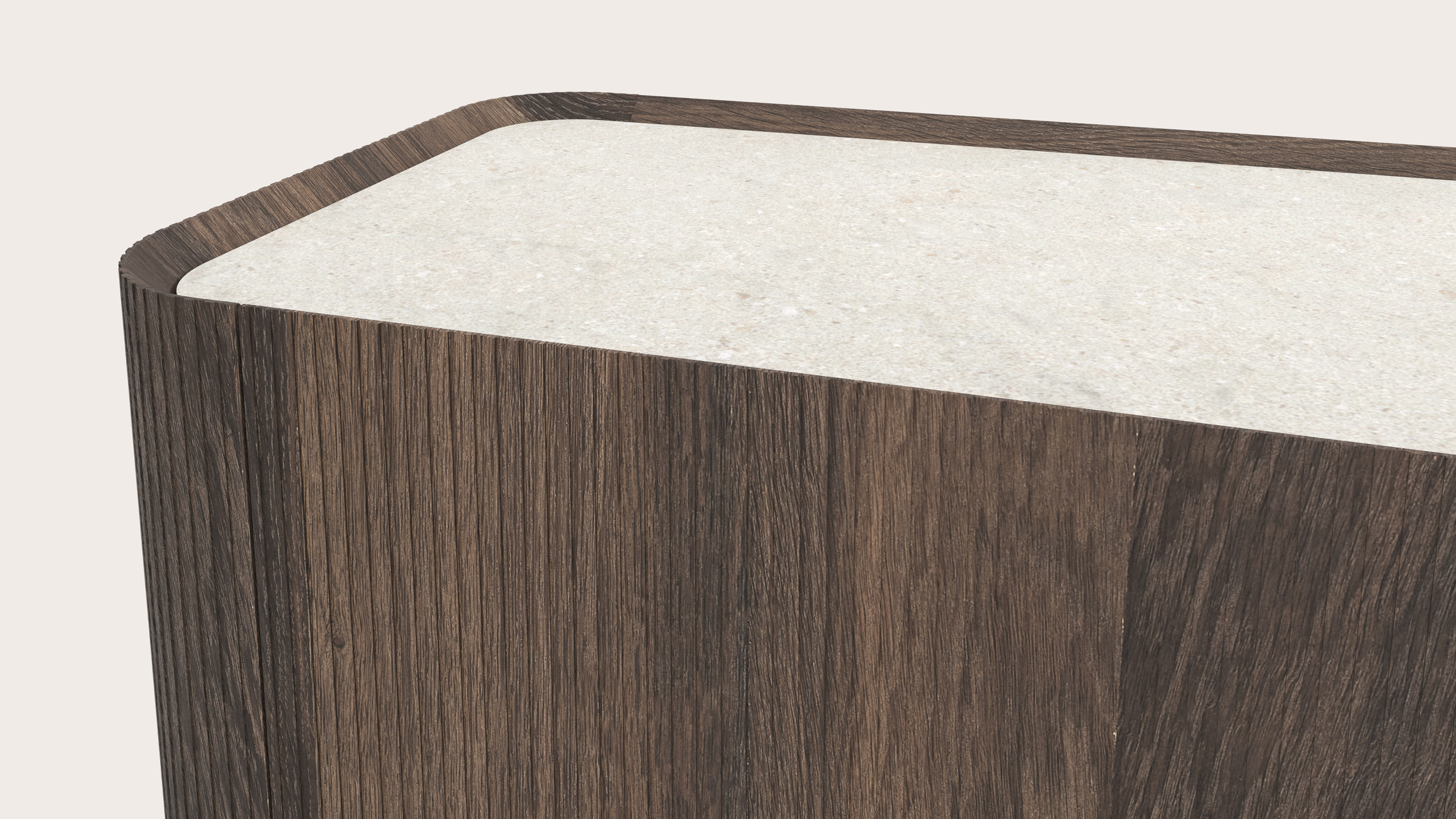 Meuble tv Grivato en chêne fumé avec pieds ronds en bois avec plateau Ceramo en céramique en couleur Shilin 269 x 45 x 44 cm