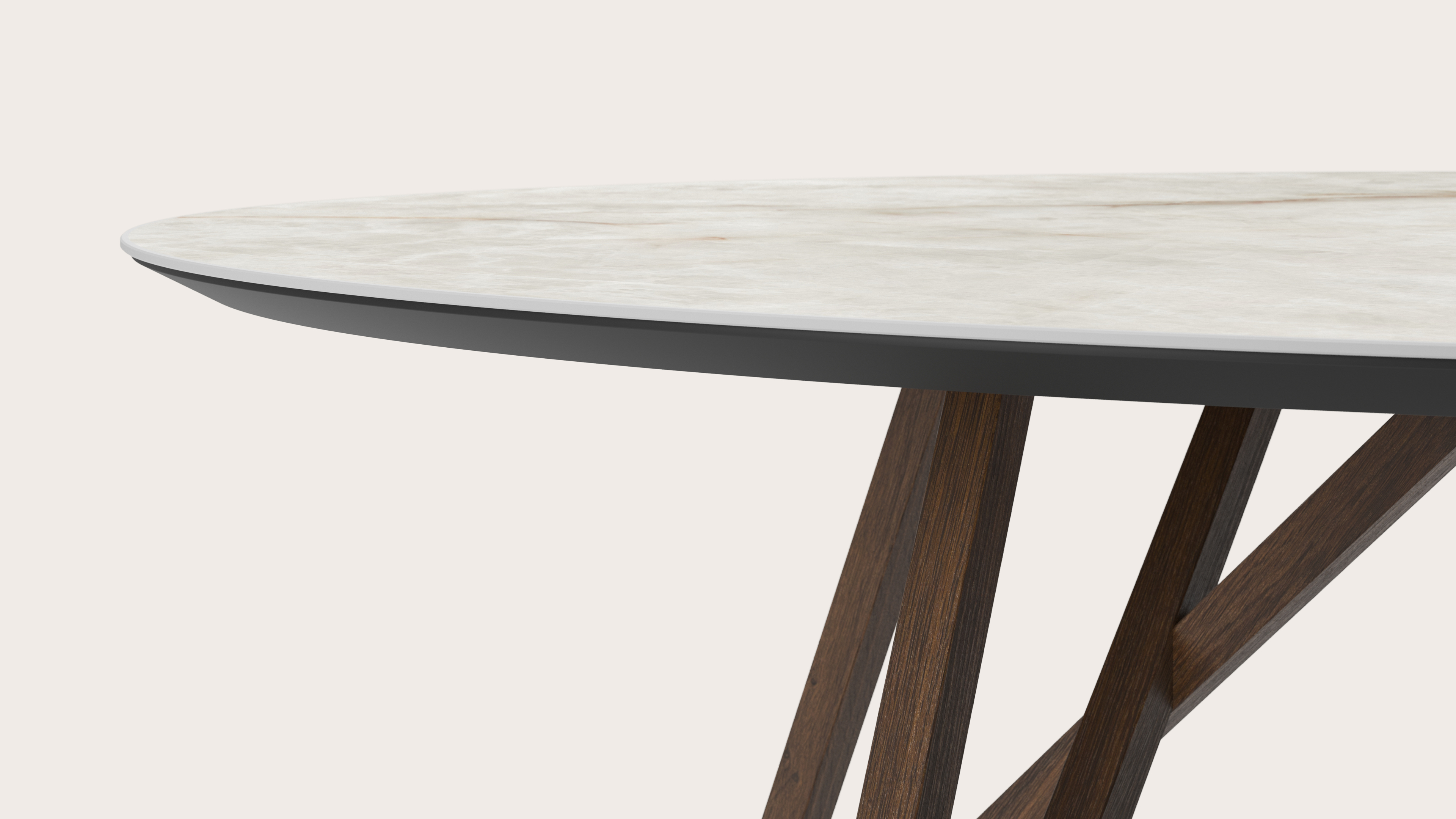 Table de salle à manger Ragno armature en chêne fumé avec plateau Ceramo ovale en céramique en couleur Himalaya 220 x 120 x 77 cm