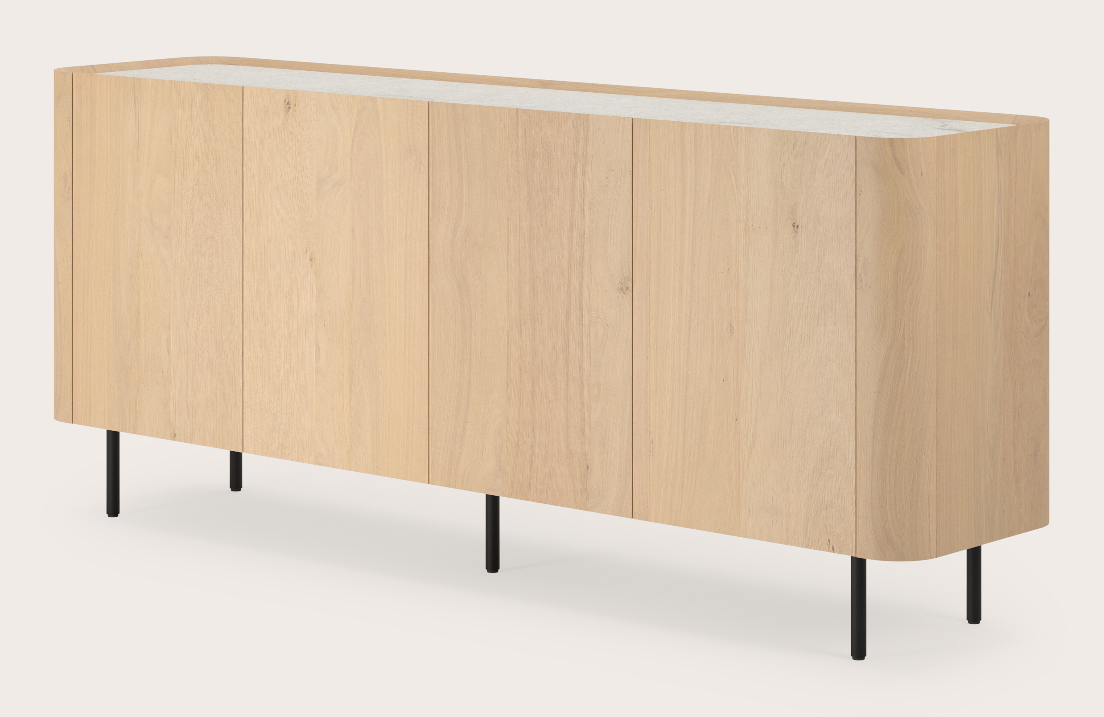 Buffet Curvato en chêne couleur naturelle avec pieds ronds en métal avec plateau Ceramo en céramique en couleur Shilin 203 x 45 x 84 cm