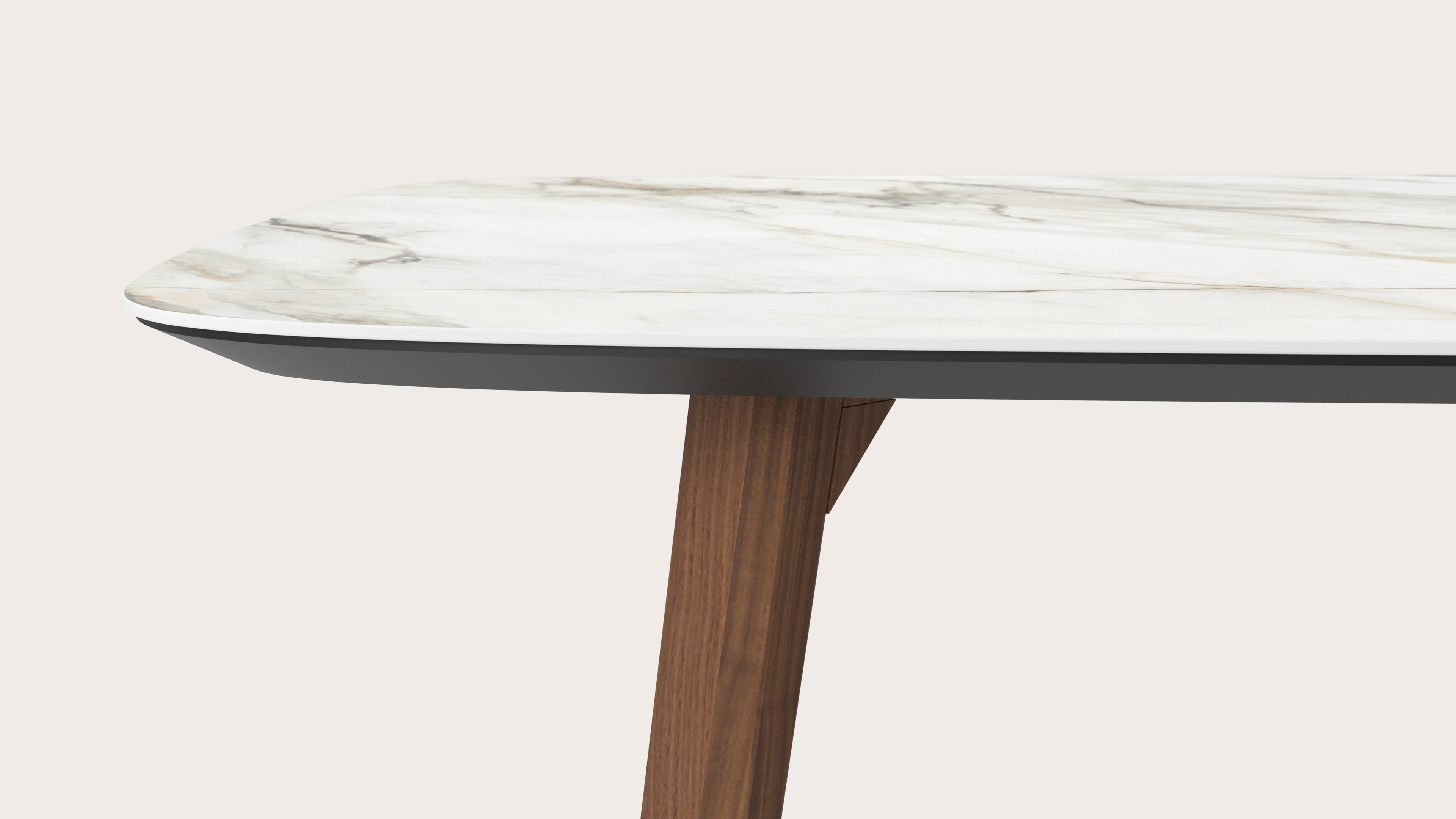 Eettafel Clino onderstel in walnoot met bootvormig volkeramisch Ceramo blad in kleur Calacatta Luxe 260 x 110 x 77 cm