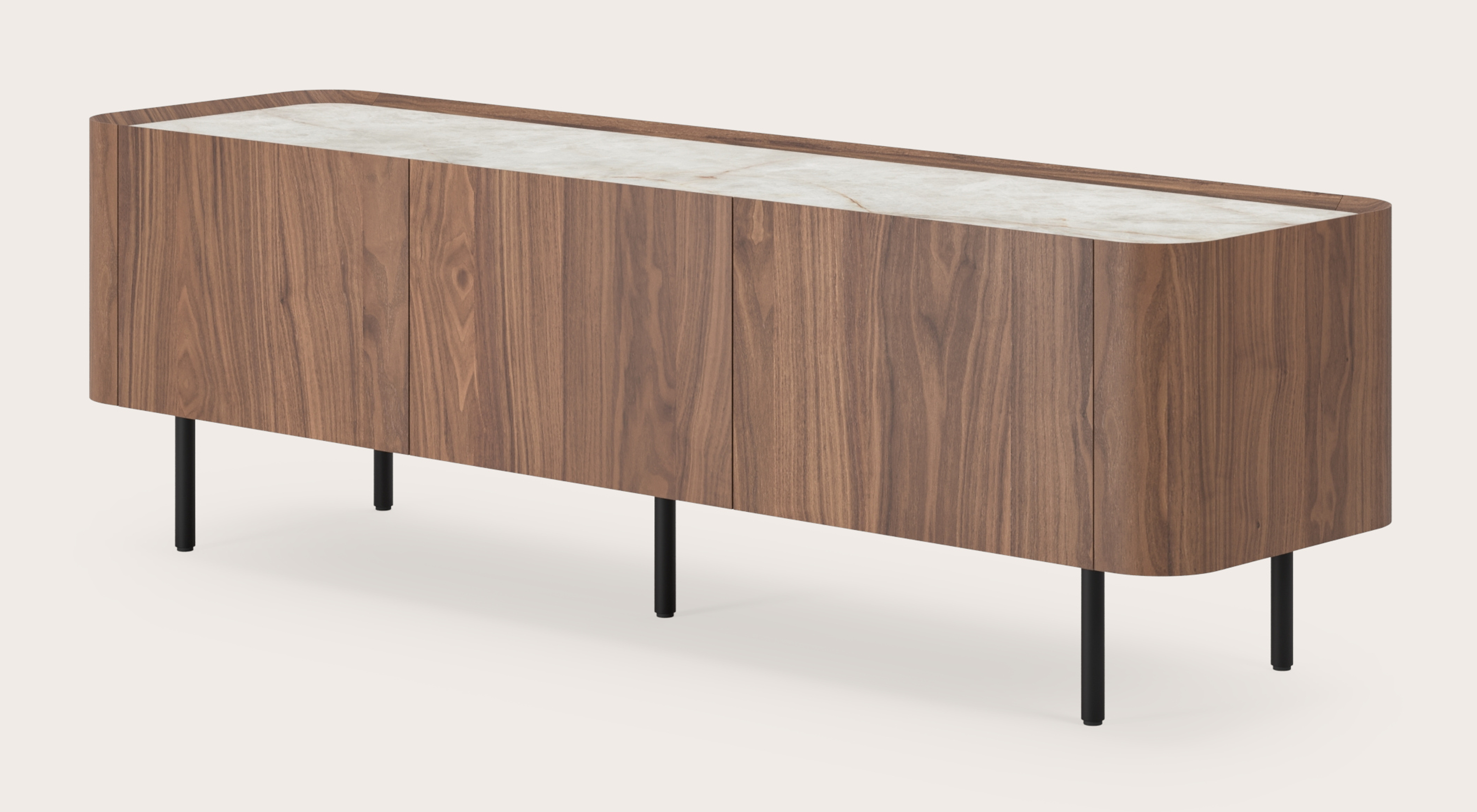 Meuble tv Curvato en noyer avec pieds ronds en métal avec plateau Ceramo en céramique en couleur Himalaya 169 x 45 x 52 cm