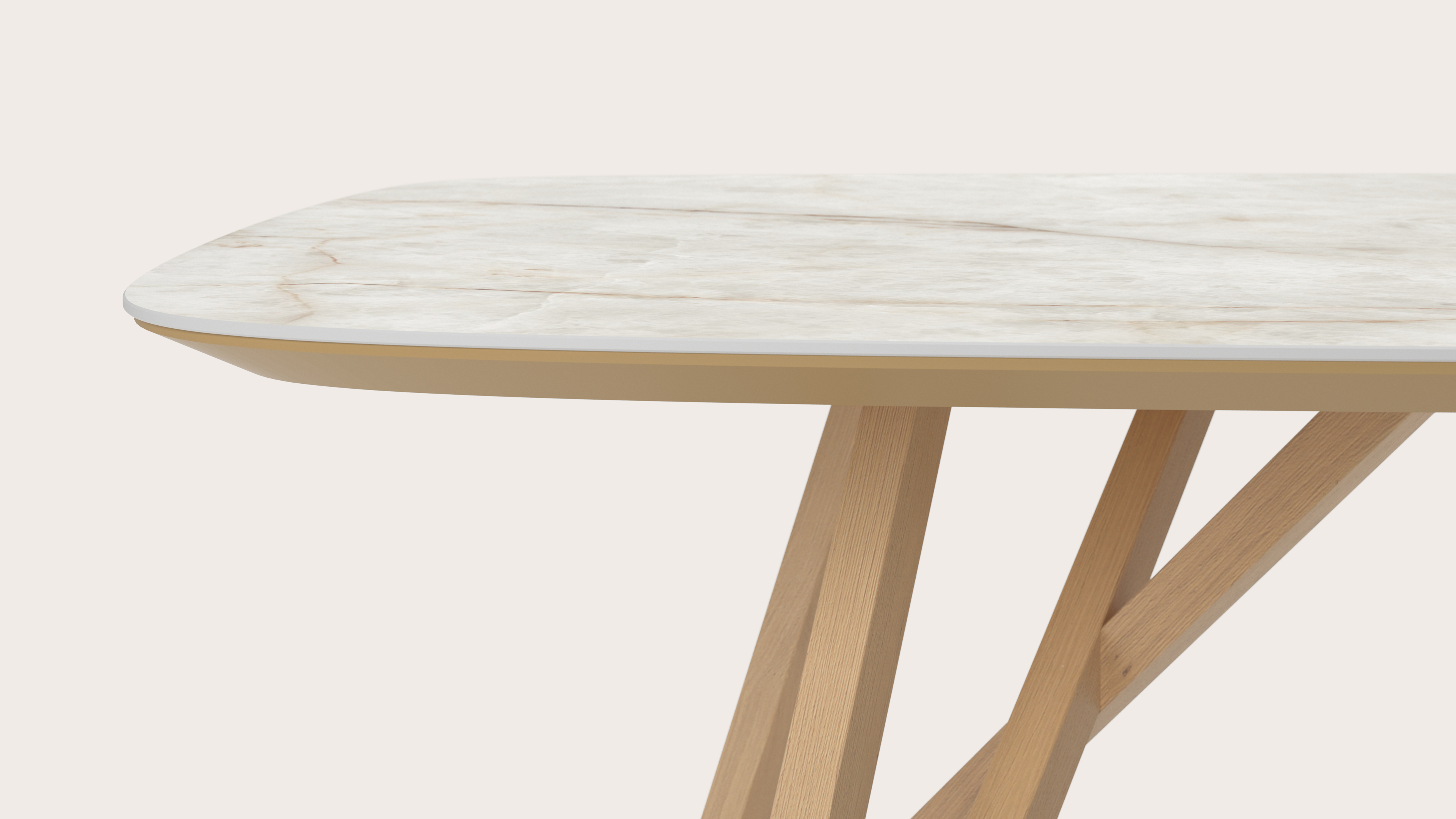 Table de salle à manger Ragno armature en chêne couleur naturelle avec plateau Ceramo forme arrondi en céramique en couleur Himalaya 300 x 115 x 77 cm