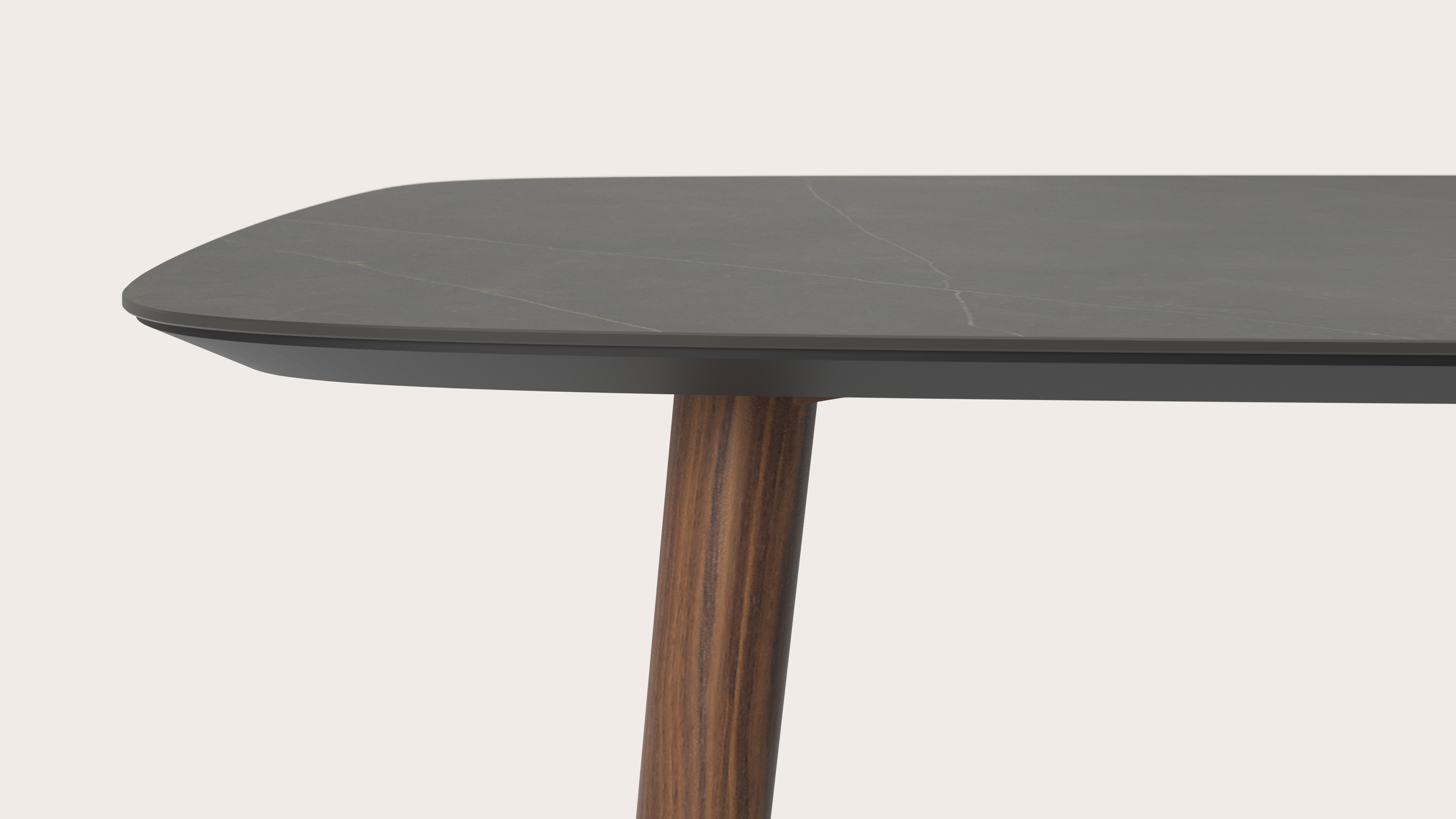 Table de salle à manger Conico armature en noyer avec plateau Ceramo forme arrondi en céramique en couleur Calatorao 260 x 110 x 77 cm