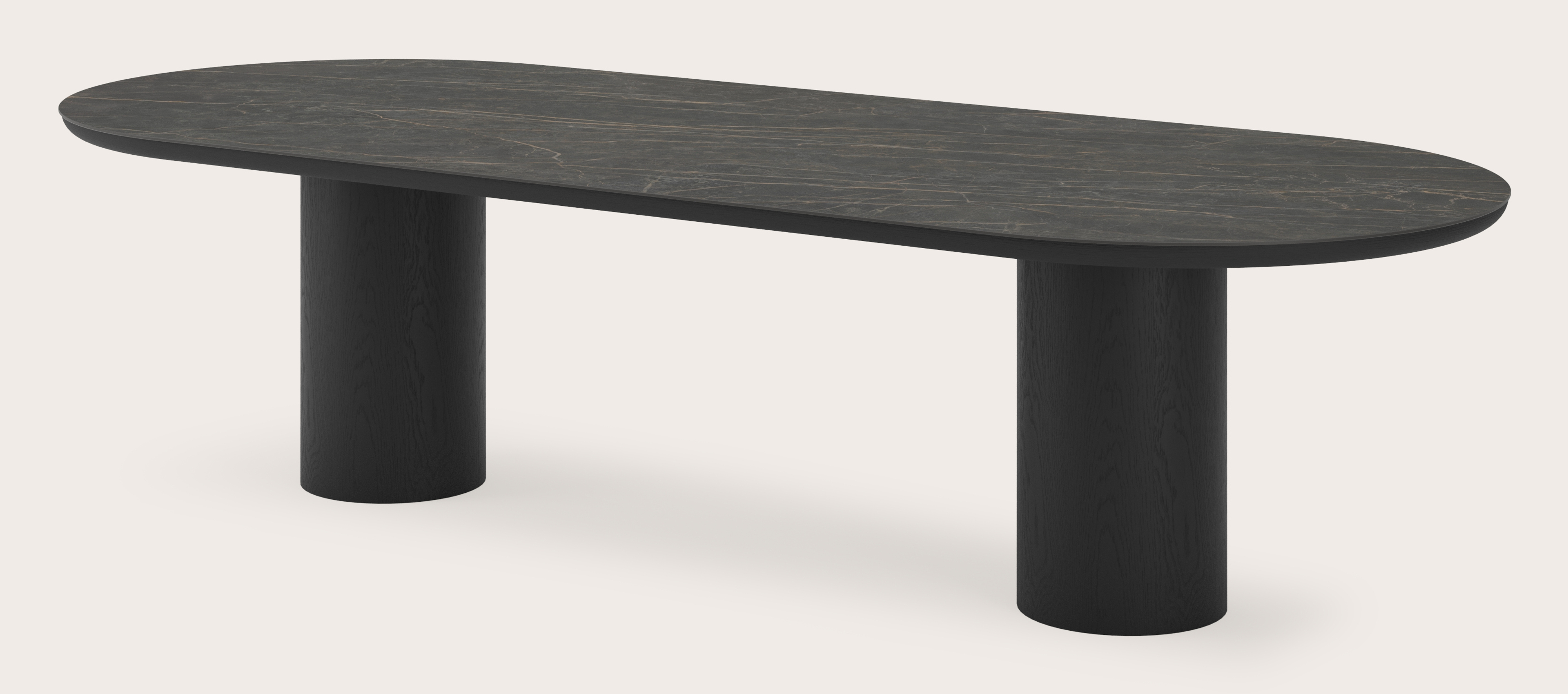 Table de salle à manger Amato Rondo armature en chêne noir avec plateau Ceramo ovale plat en céramique en couleur Black Obsession 300 x 120 x 76 cm