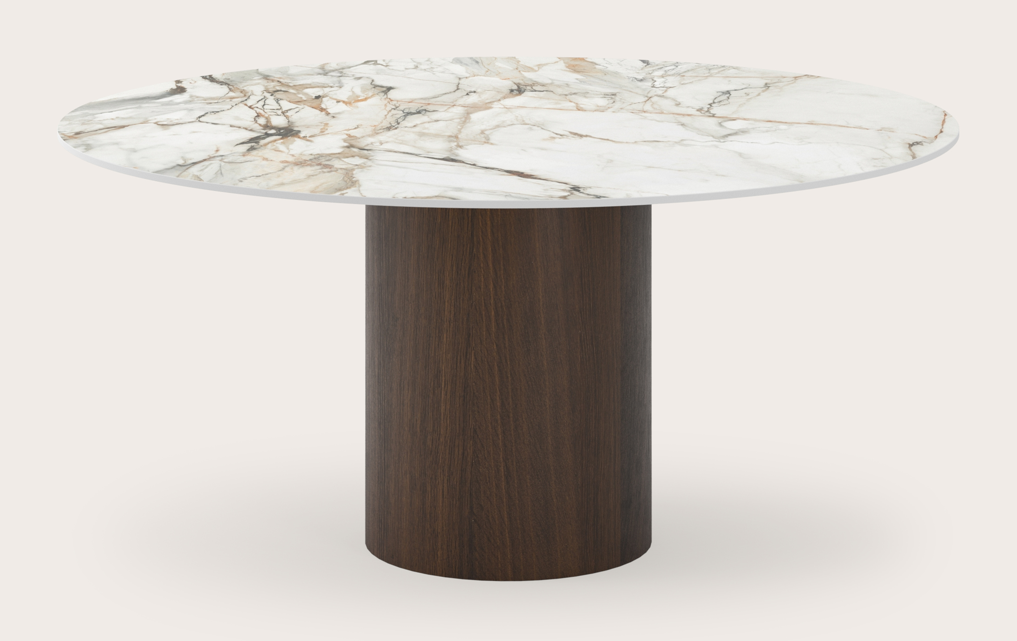 Eettafel low dining Amato Rondo onderstel in gerookte eik met rond volkeramisch Ceramo Lux blad in kleur Calacatta Luxe Ø150 x 69 cm