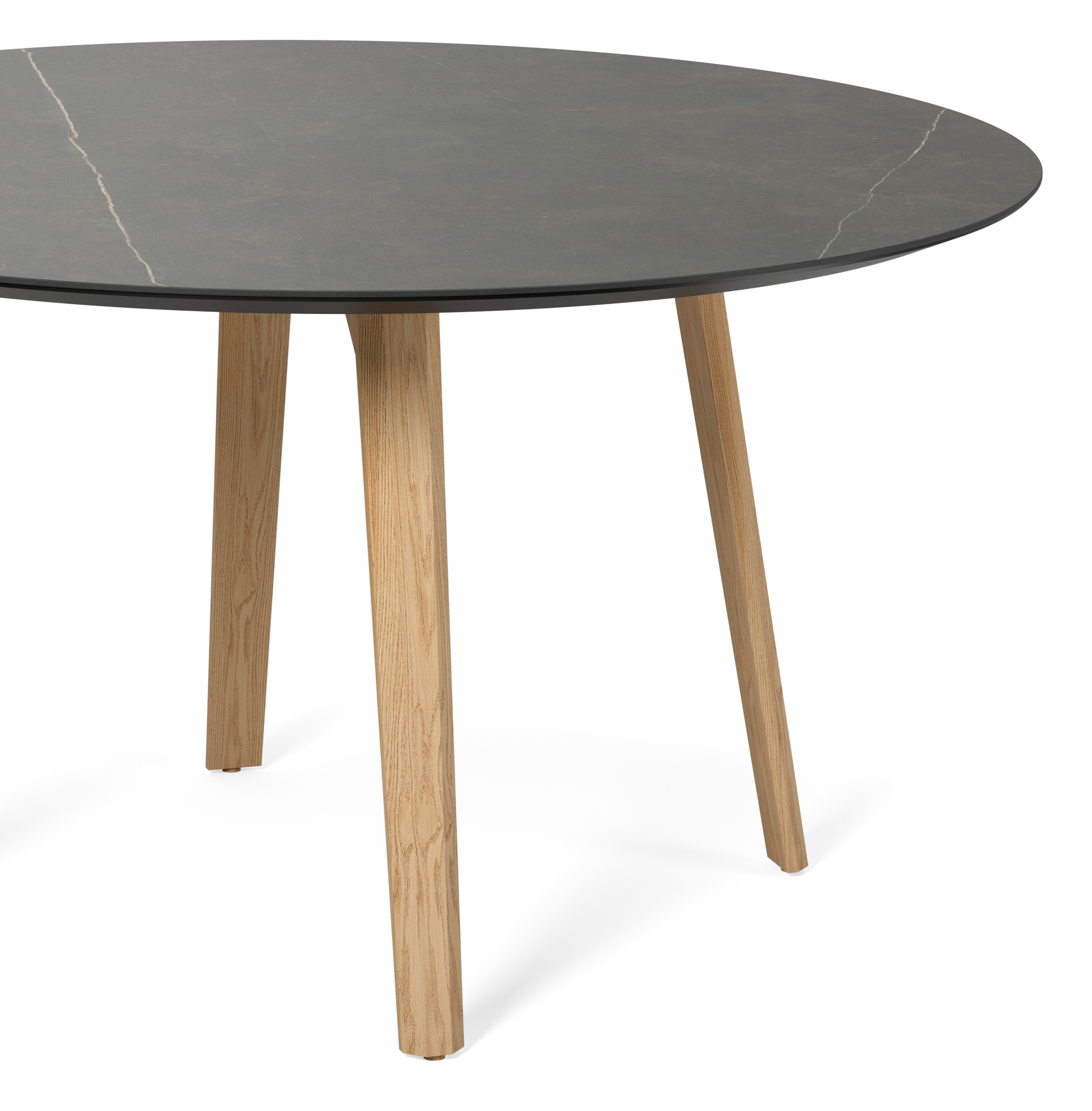 Table de salle à manger Clino armature en chêne couleur naturelle avec plateau Ceramo rond en céramique en couleur Calatorao Ø140 x 77 cm