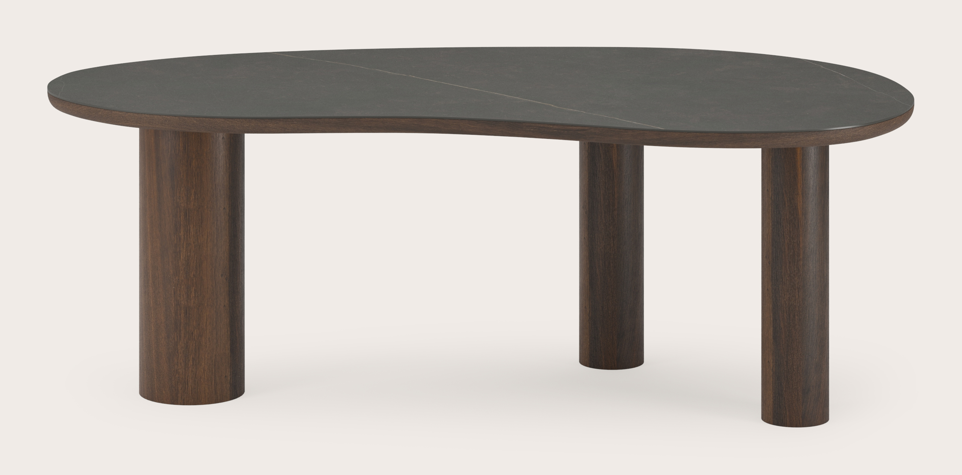 Eettafel Amato Rondo onderstel in gerookte eik met Blobvormig volkeramisch Ceramo blad in kleur Calatorao 220 x 112 x 77 cm