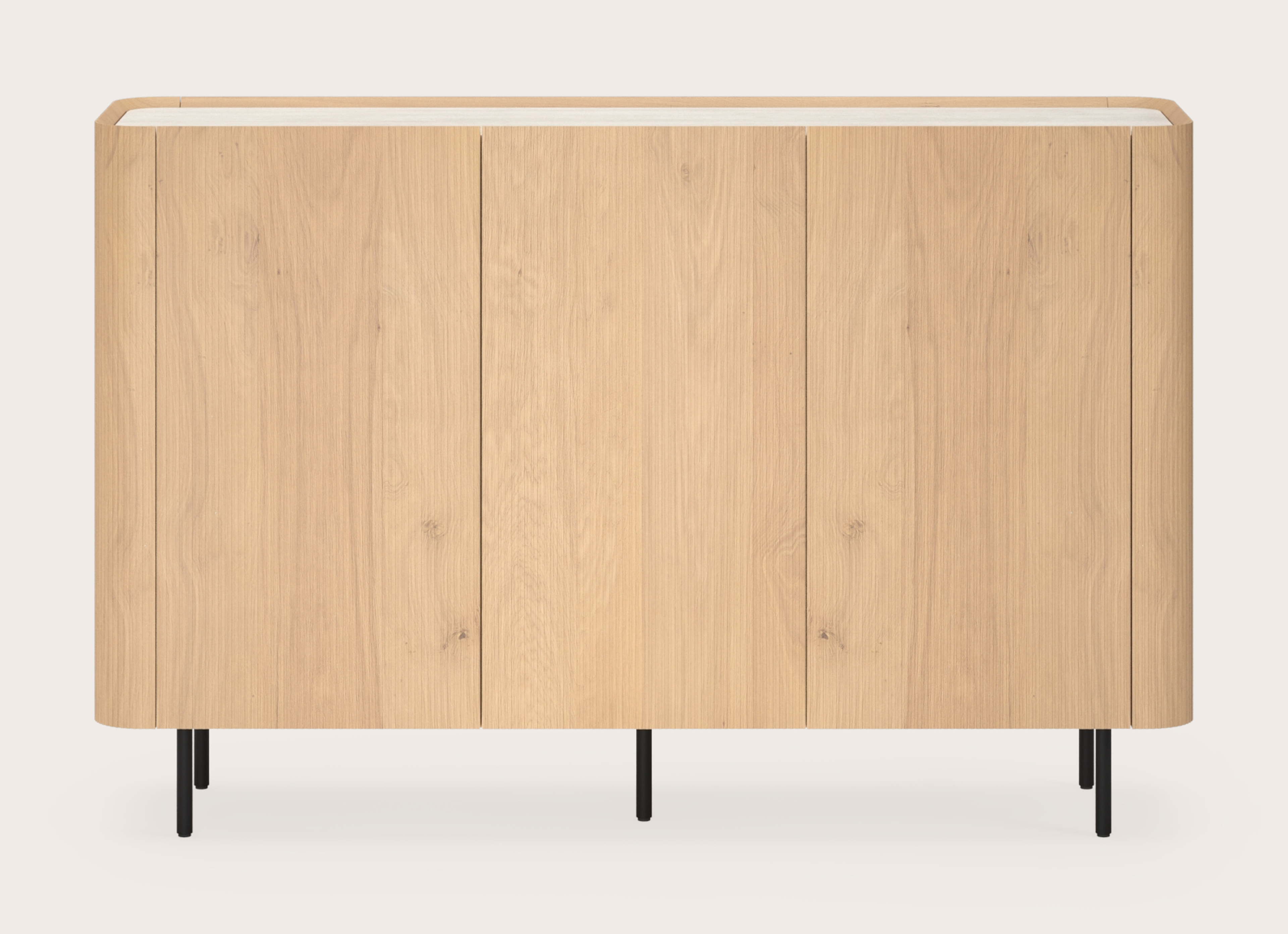 Buffet haut Grivato en chêne couleur naturelle avec pieds ronds avec plateau Ceramo rond en céramique en couleur Travertino Bianco 169 x 45 cm