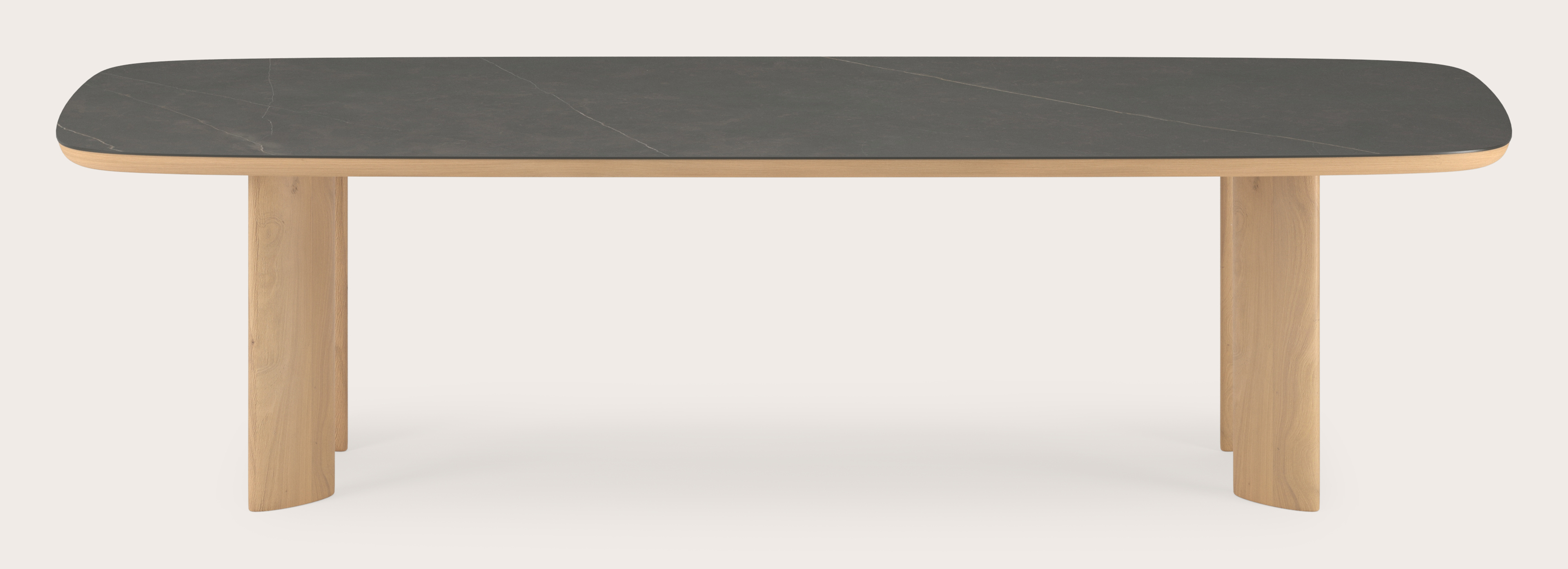 Table de salle à manger Amato Ellipso armature en chêne couleur naturelleavec plateau Ceramo forme arrondie en céramique en couleur Calatorao 300 x 115 x 76 cm
