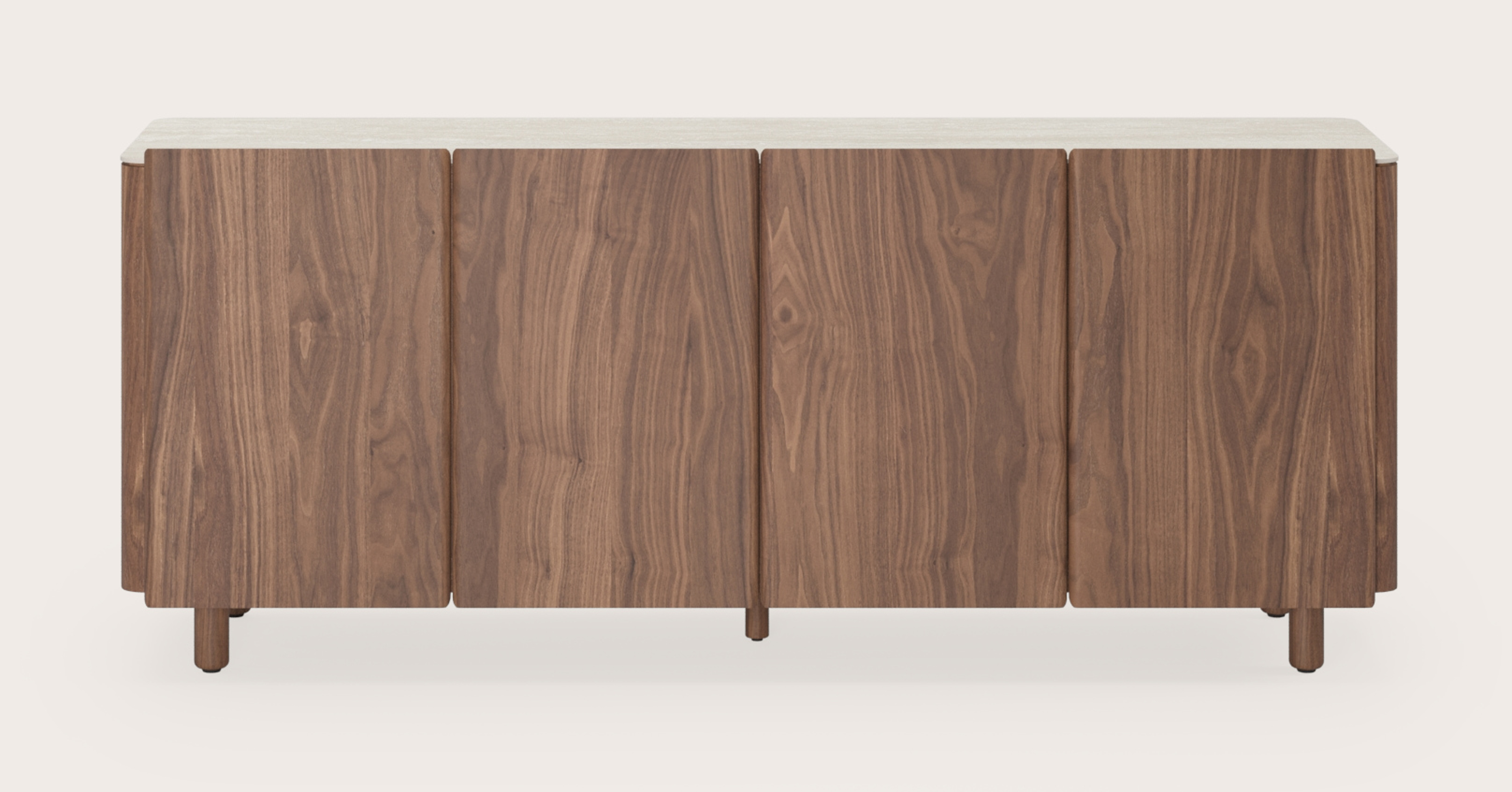 Belloni dressoir in walnoot met bovenblad in Travertin met ronde houten poten 180x47x62cm