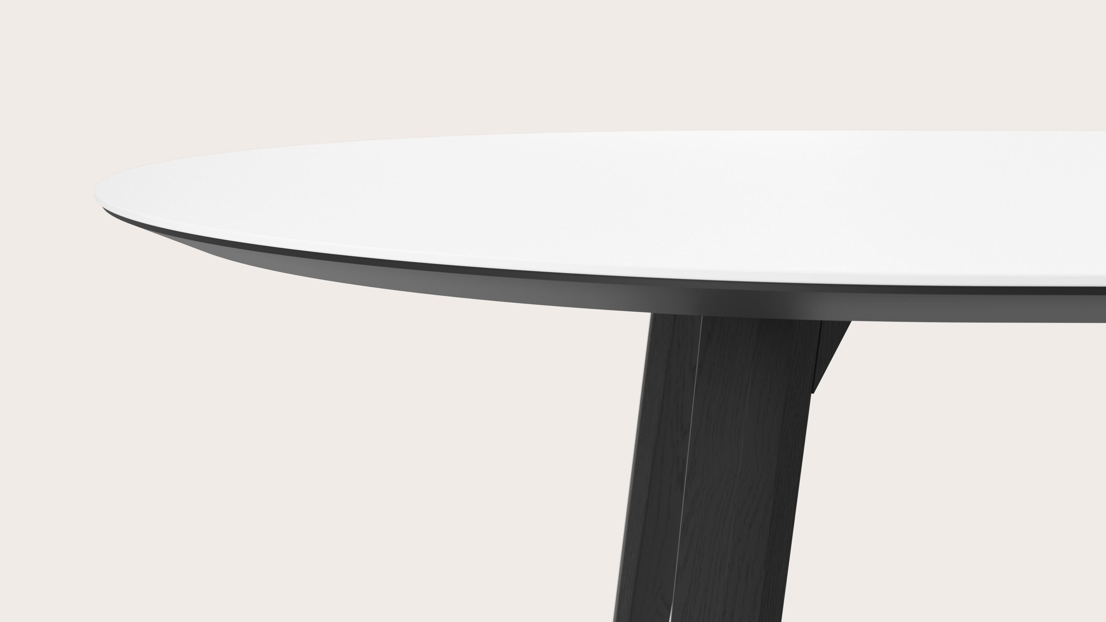 Eettafel Clino onderstel in zwarte eik met plat ovaal volkeramisch Ceramo blad in kleur Arctic White 300 x 120 x 77 cm