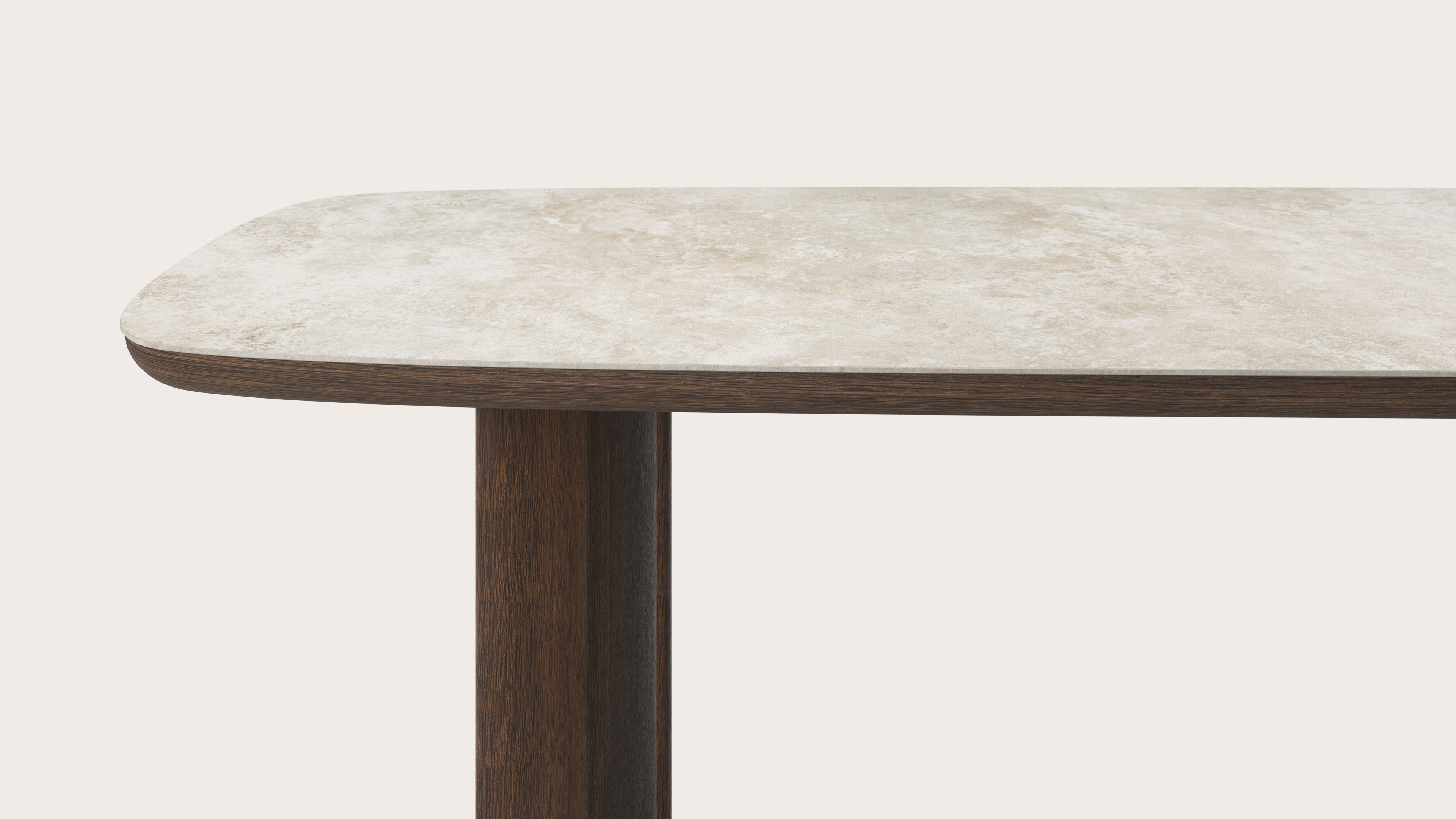 Eettafel Amato Ellipso onderstel in gerookte eik met bootvormig volkeramisch Ceramo blad in kleur Rapolano 260 x 110 x 76 cm