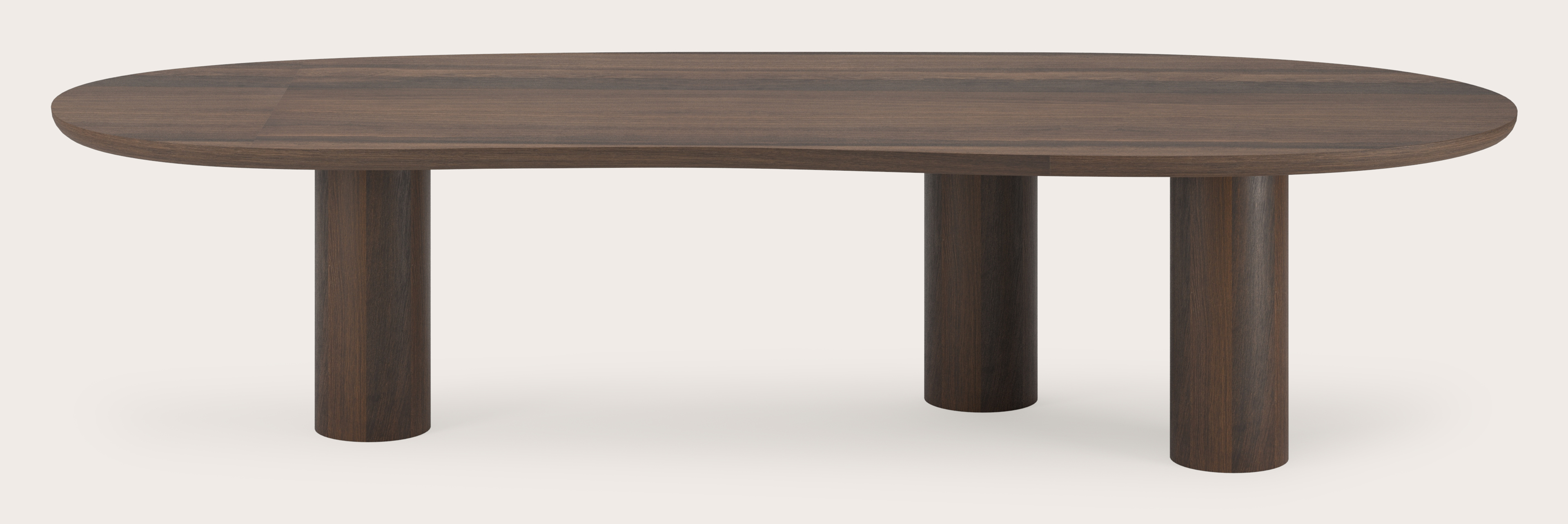 Eettafel Amato Rondo onderstel met blobvormig Amato blad in gerookte eik  340 x 127 x 76 cm
