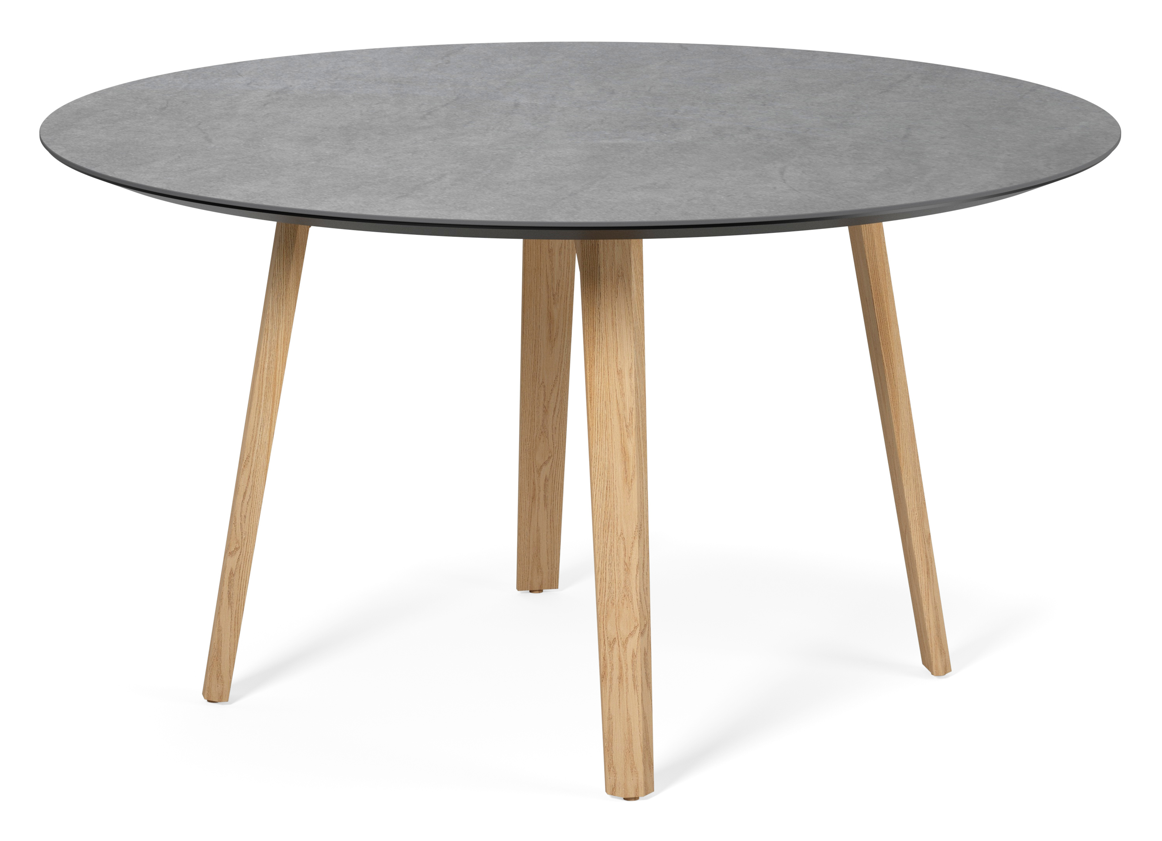 Eettafel Clino onderstel in natuurkleurige eik met rond volkeramisch Ceramo blad in kleur Basalt Black Ø140 x 77 cm