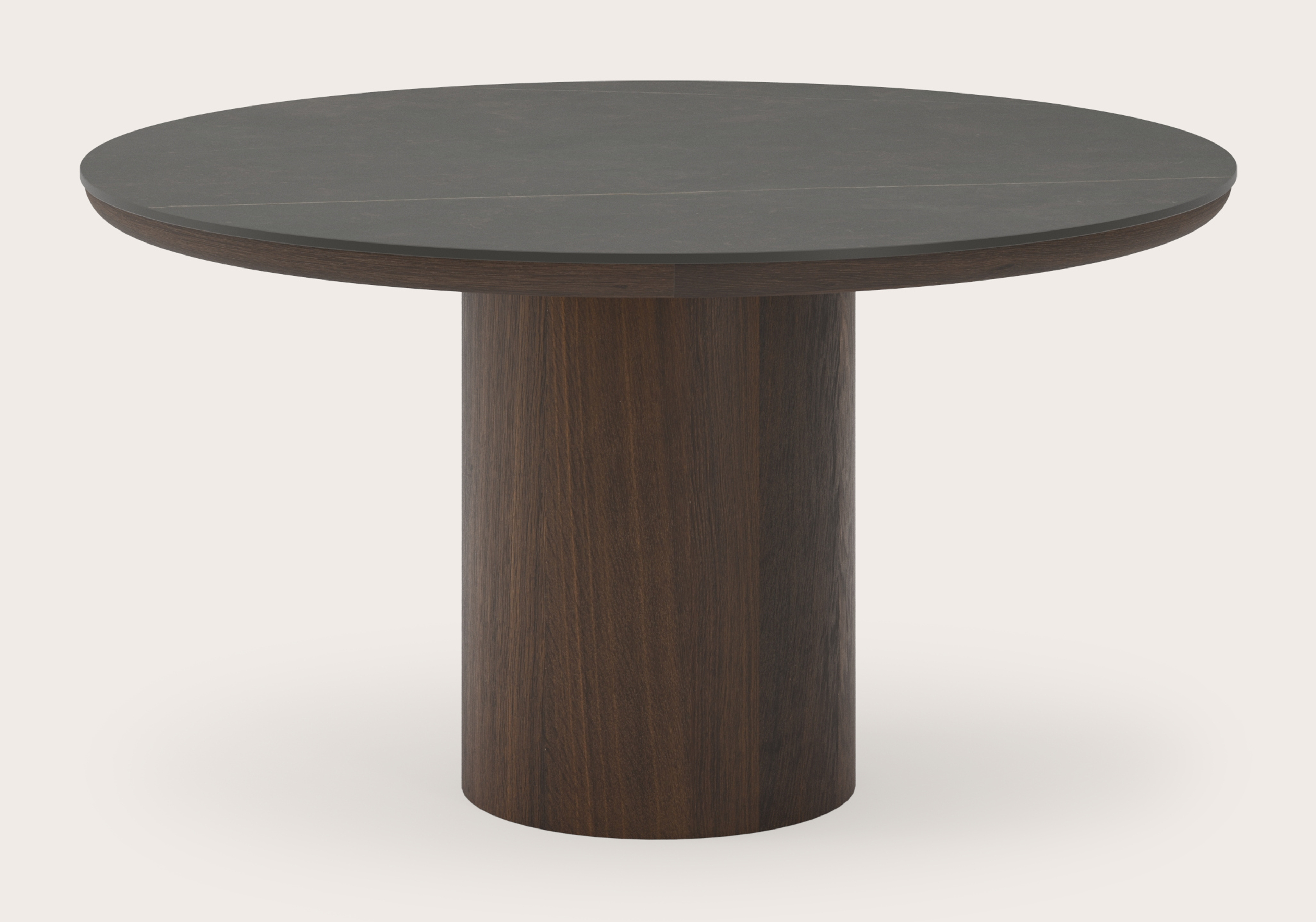 Eettafel Amato Rondo onderstel in gerookte eik met rond volkeramisch Ceramo blad in kleur Calatorao Ø140 x 76 cm