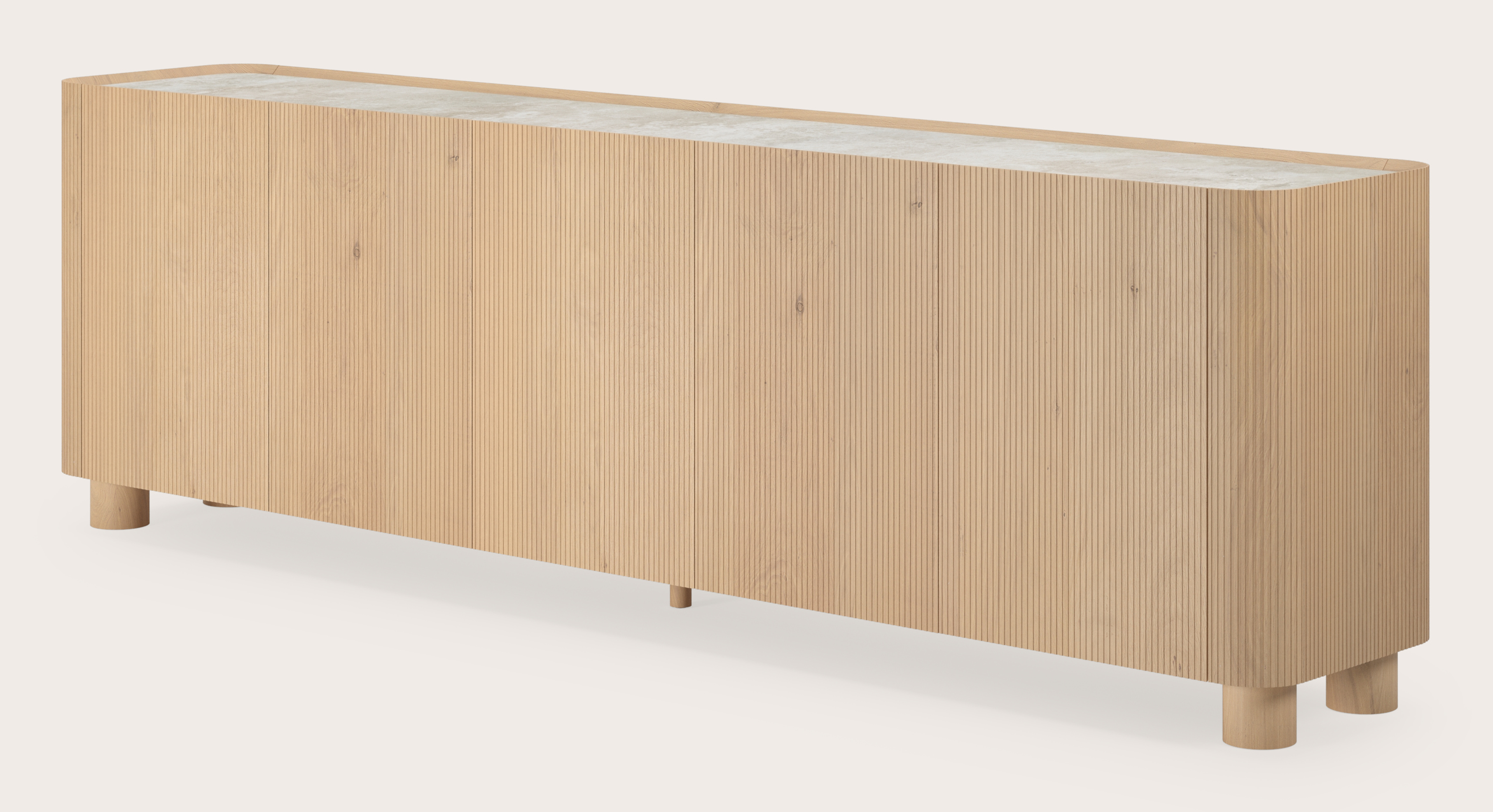 Grivato dressoir in natuurkleurige eik met ronde poten met volkeramisch Ceramo blad in kleur Rapolano 249 x 45 cm