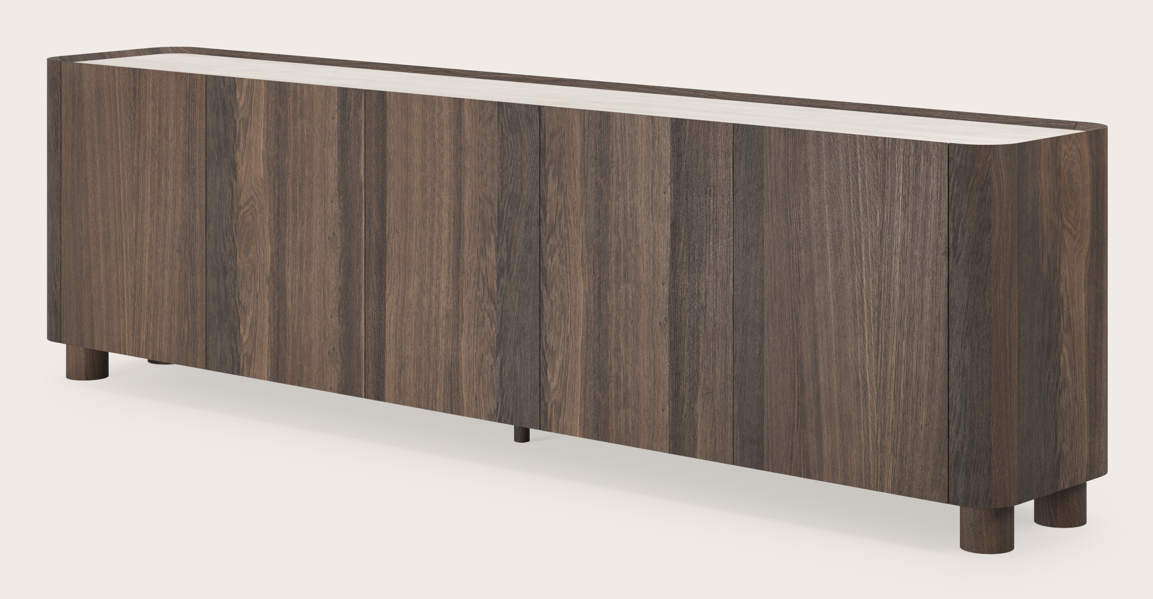 Buffet Curvato en chêne fumé avec pieds ronds en bois avec plateau Ceramo en céramique en couleur Travertino Bianco 269 x 45 x 76 cm