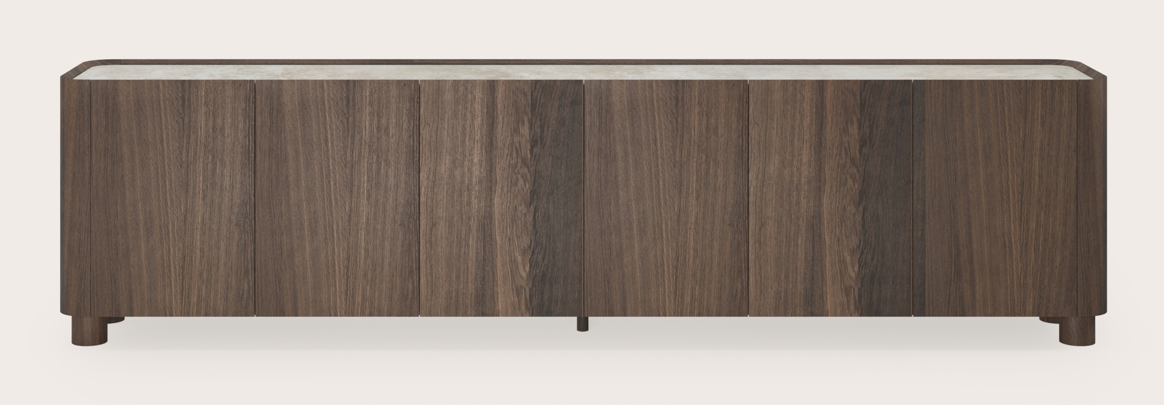 Buffet Curvato en chêne fumé avec pieds ronds en bois avec plateau Ceramo en céramique en couleur Rapolano 294 x 45 x 76 cm
