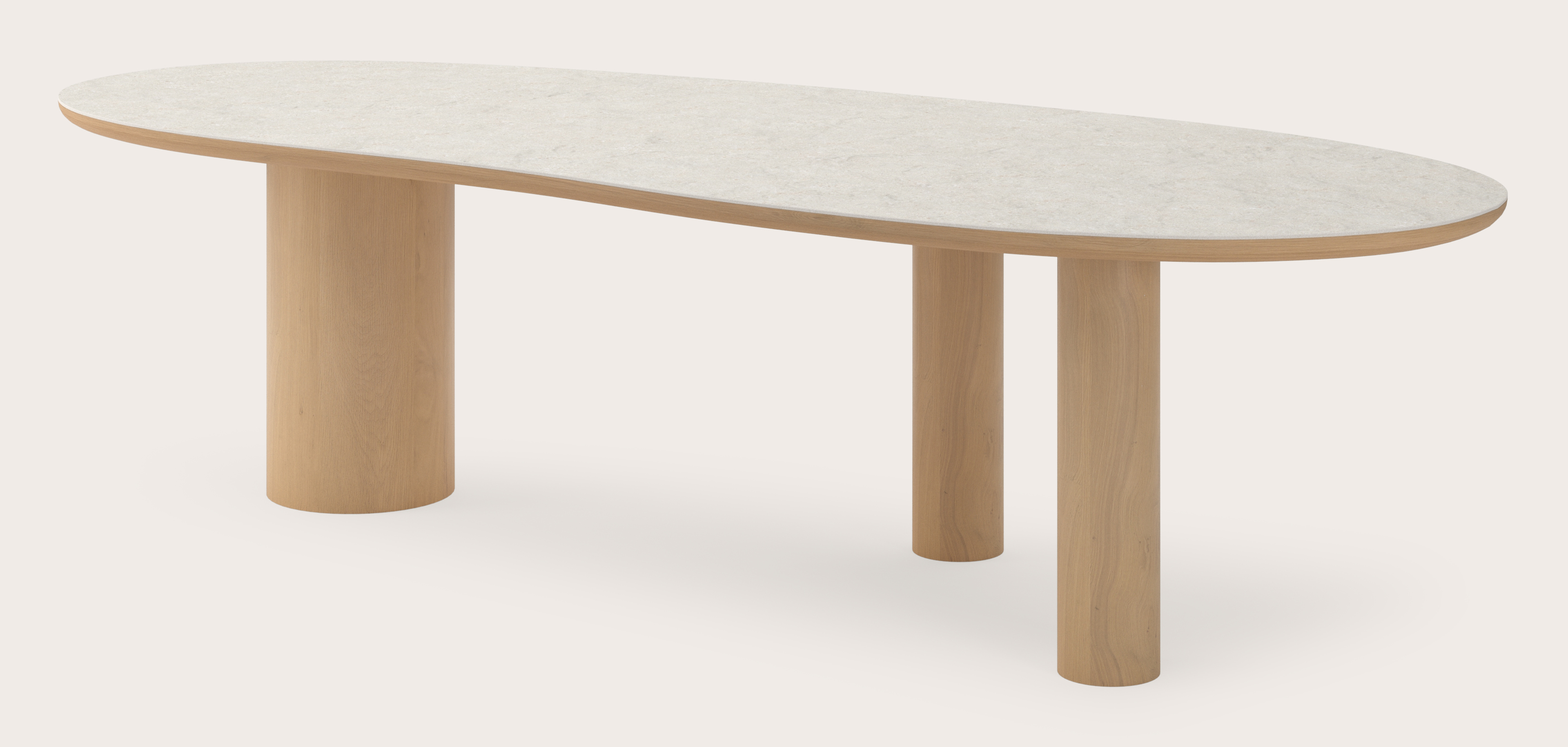 Eettafel Amato Rondo onderstel in natuurkleurige eik met Blobvormig volkeramisch Ceramo blad in kleur Shilin 300 x 122 x 77 cm