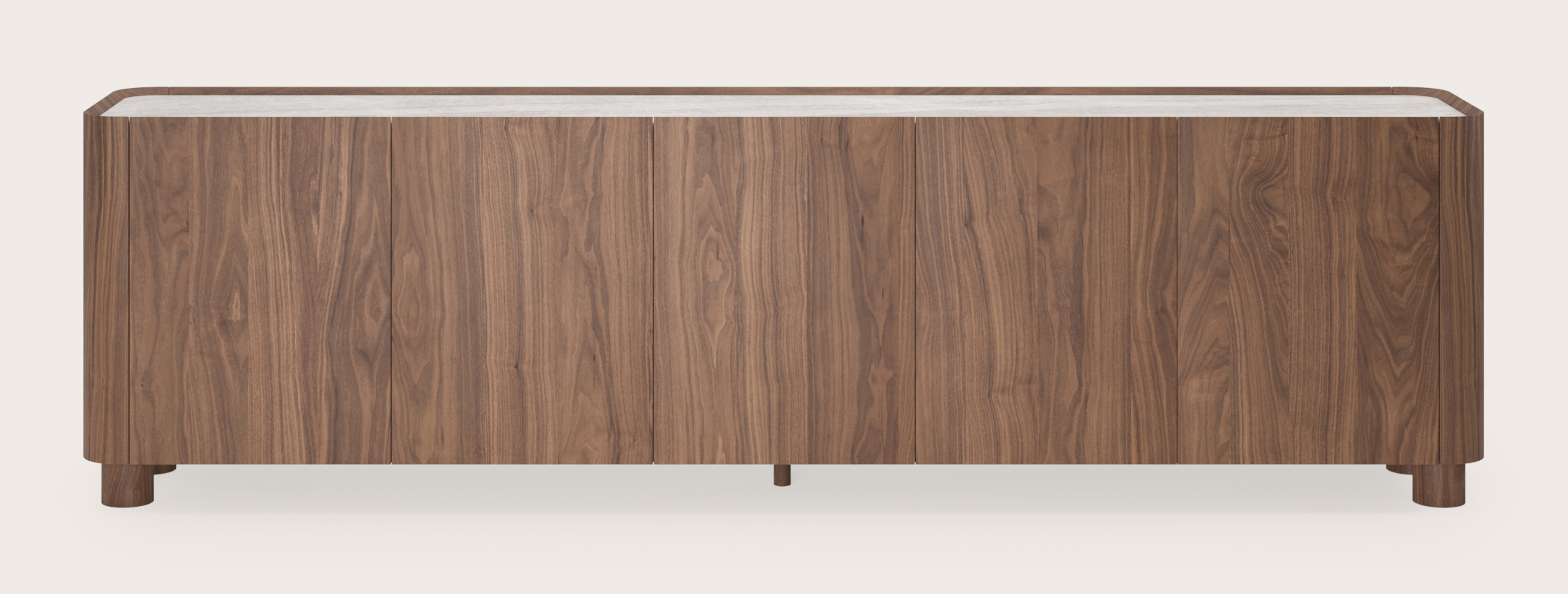 Curvato dressoir in walnoot met ronde houten poten met volkeramisch Ceramo blad in kleur Taj Mahal 269 x 45 x 76 cm
