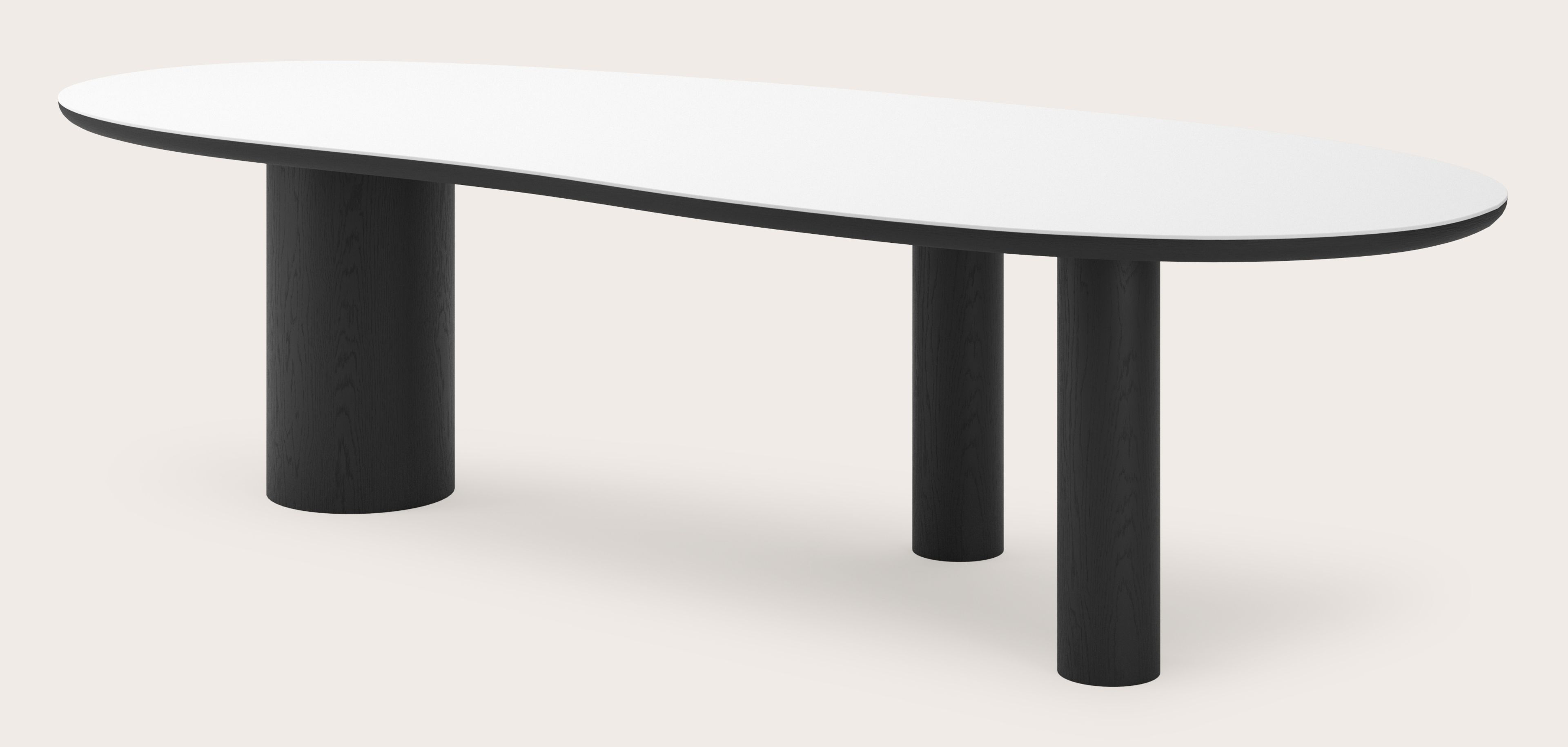 Table de salle à manger Amato Rondo armature en chêne noir avec plateau Ceramo forme blob en céramique en couleur Arctic White 300 x 122 x 77 cm