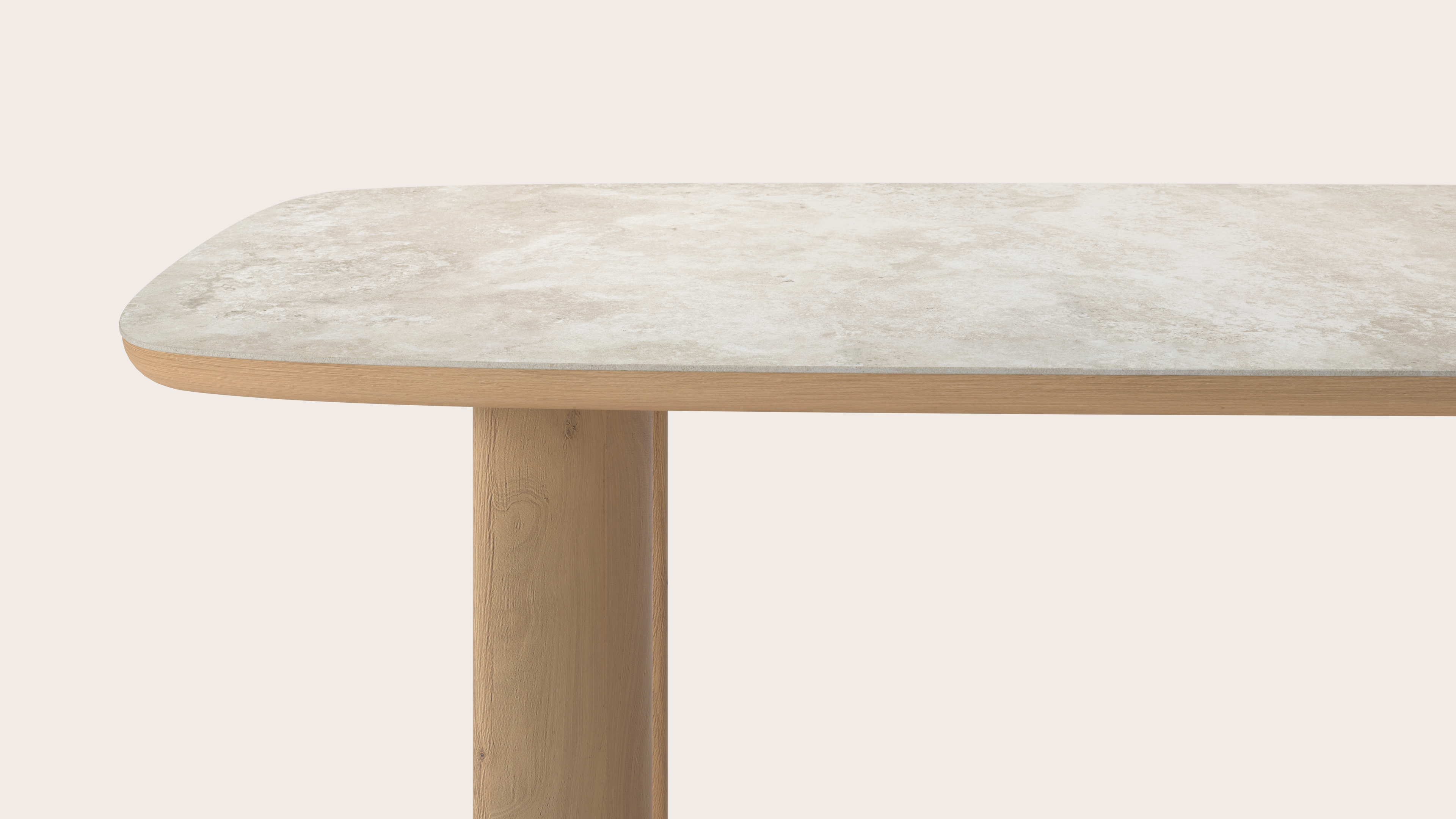 Eettafel Amato Ellipso onderstel in natuurkleurige eik met bootvormig volkeramisch Ceramo blad in kleur Rapolano 220 x 105 x 76 cm