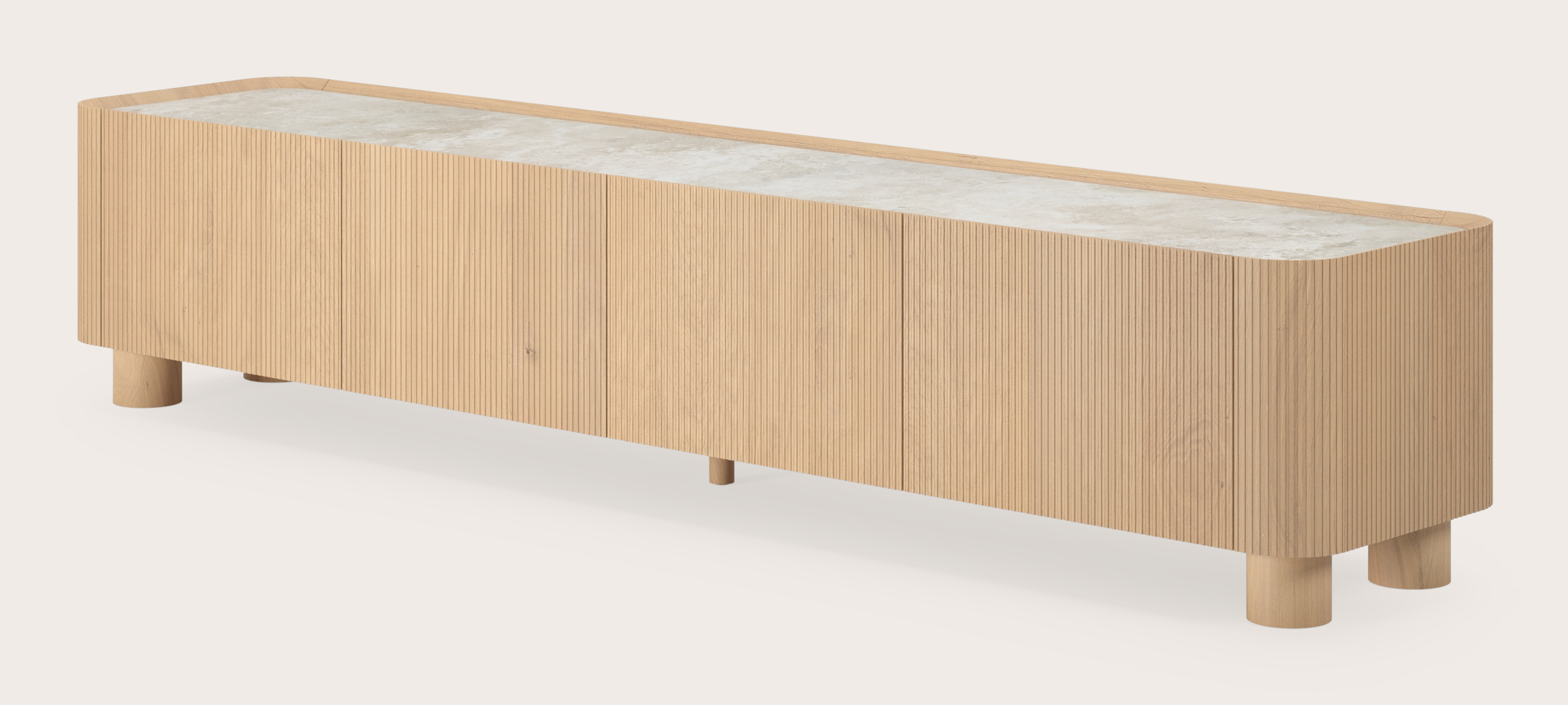 Grivato tv-meubel in natuurkleurige eik met ronde poten met volkeramisch Ceramo blad in kleur Rapolano 219 x 45 cm