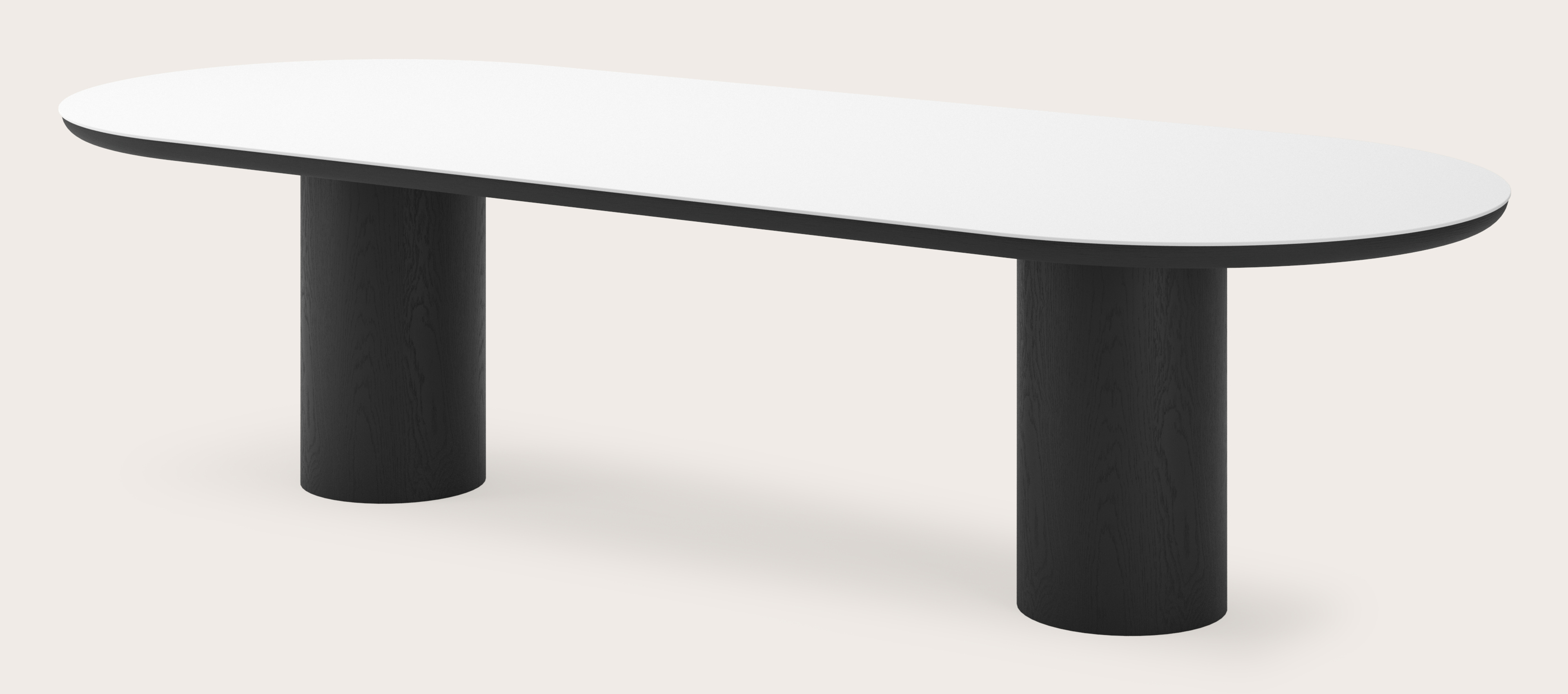 Eettafel Amato Rondo onderstel in zwarte eik met plat ovaal volkeramisch Ceramo blad in kleur Arctic White 300 x 120 x 76 cm