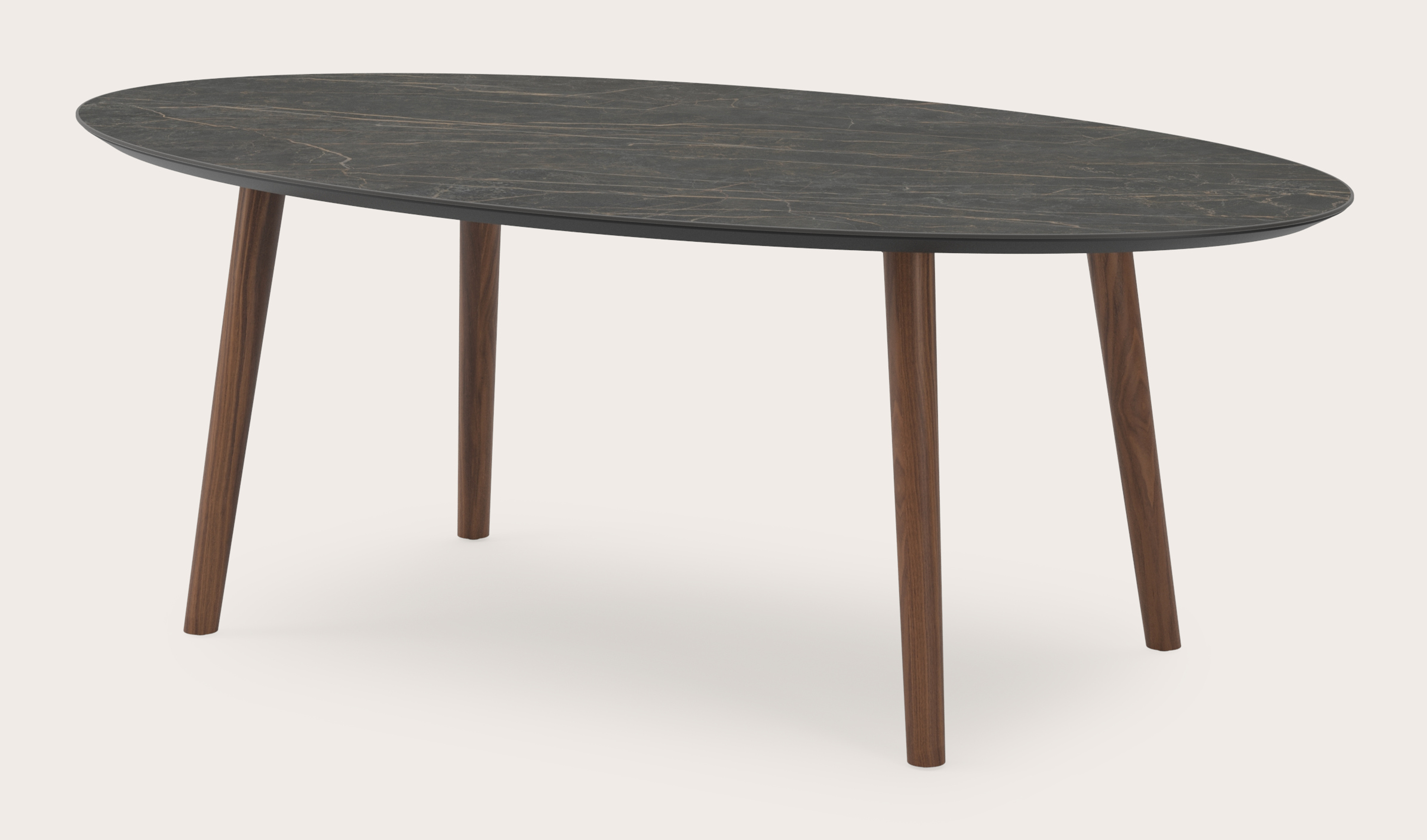 Eettafel Conico onderstel in gerookte eik met ovaal volkeramisch Ceramo blad in kleur Black Obsession 220 x 120 x 77 cm