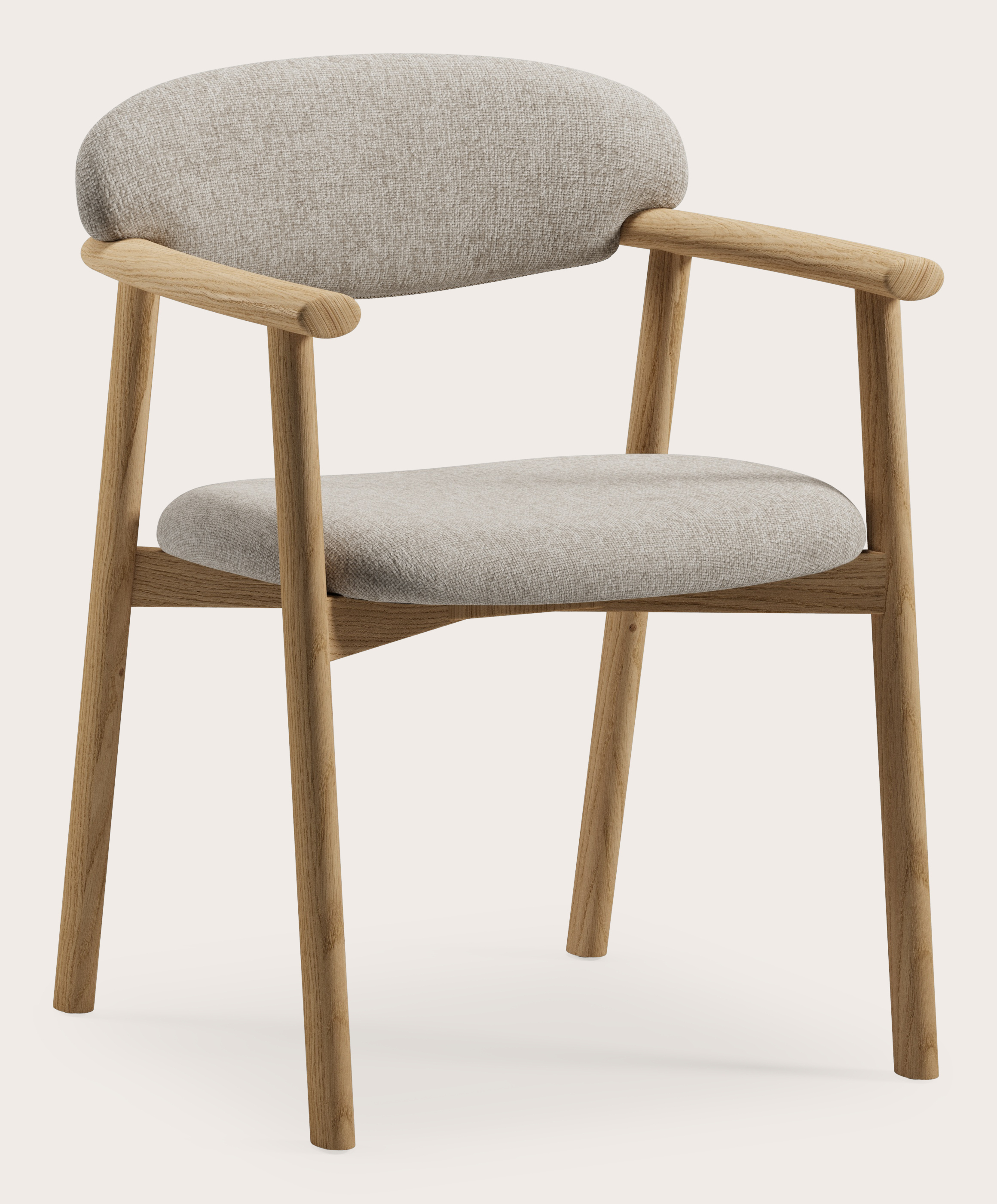 Fauteuil Serrato en Lunaro tissu Almond avec pied de chaise en chêne couleur naturelle