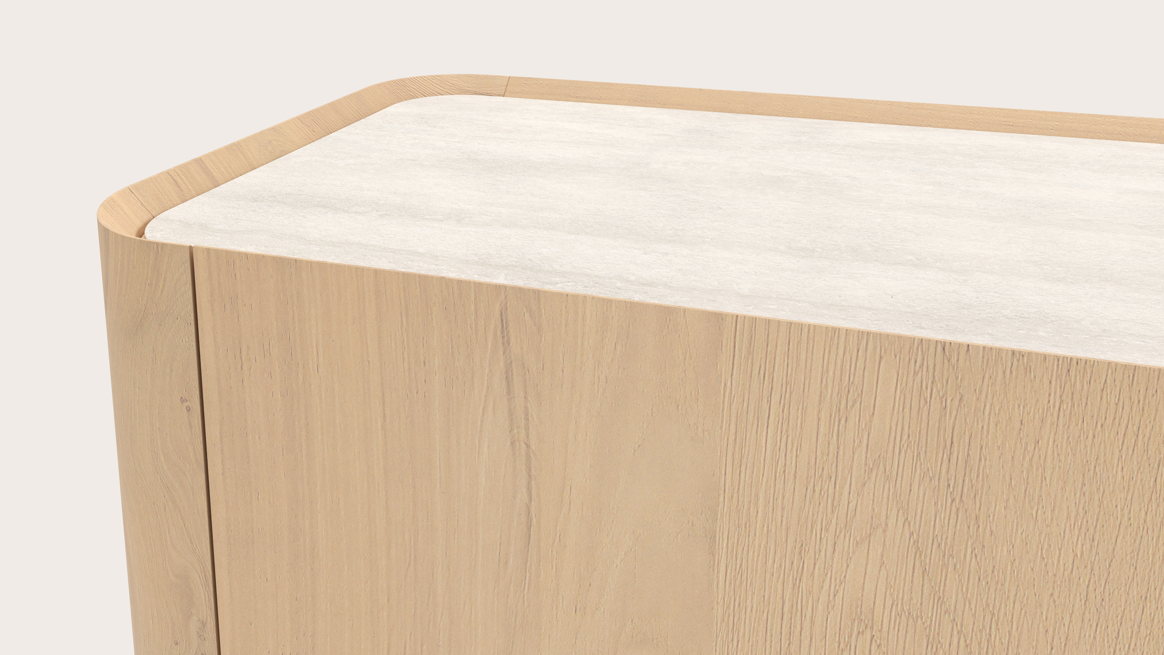 Curvato dressoir in natuurkleurige eik met ronde houten poten met volkeramisch Ceramo blad in kleur Travertino Bianco 203 x 45 x 76 cm