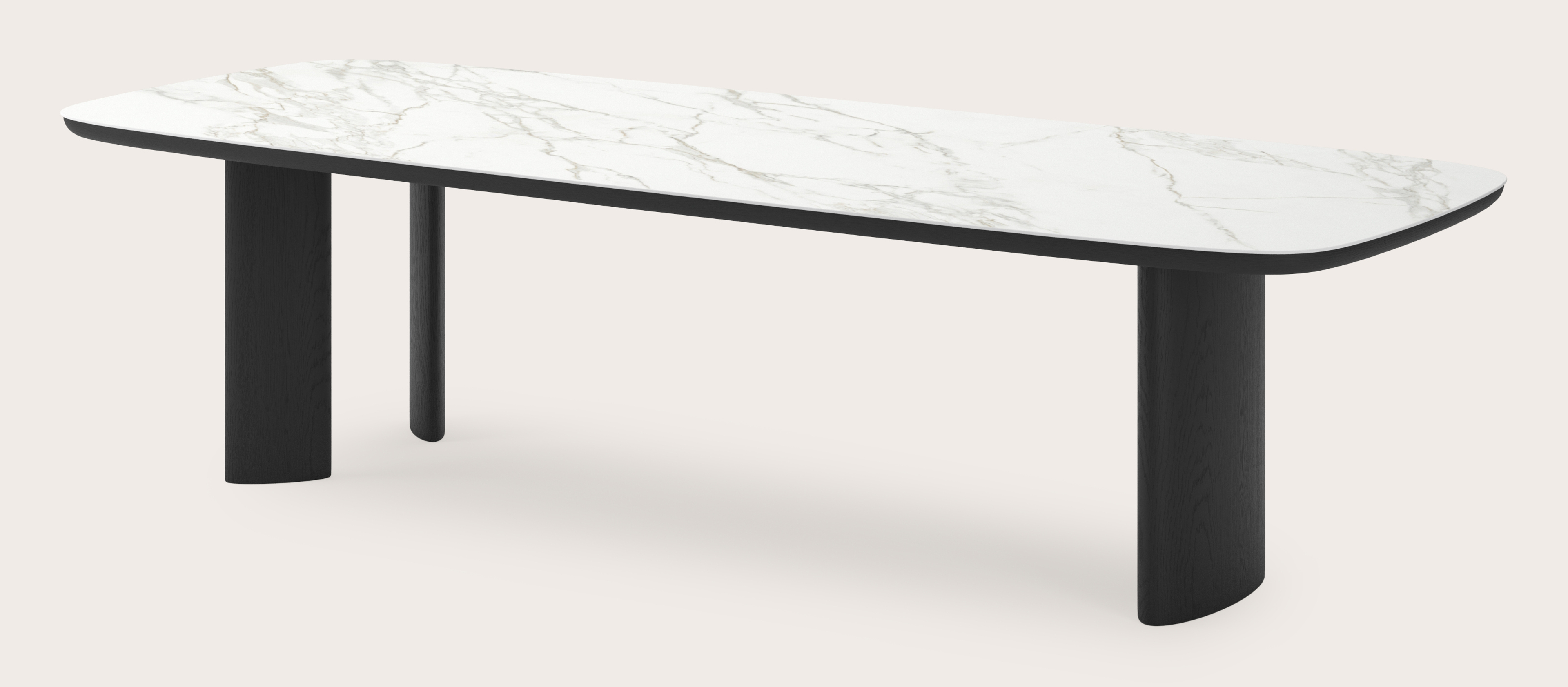 Table de salle à manger Amato Ellipso armature en chêne noir avec plateau Ceramo forme arrondie en céramique en couleur Calacatta 300 x 115 x 76 cm