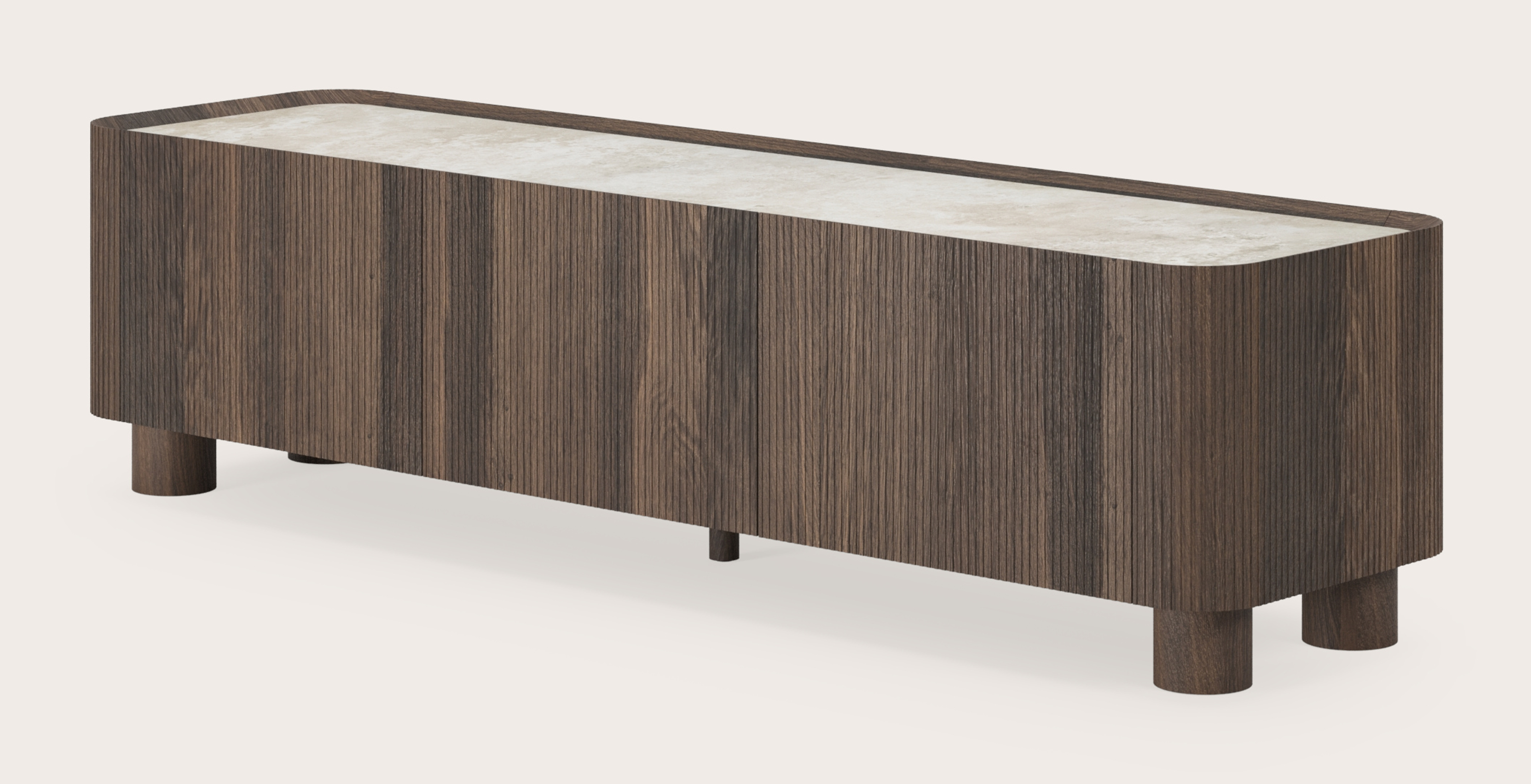 Meuble tv Grivato en chêne fumé avec pieds ronds avec plateau Ceramo rond en céramique en couleur Rapolano 169 x 45 cm