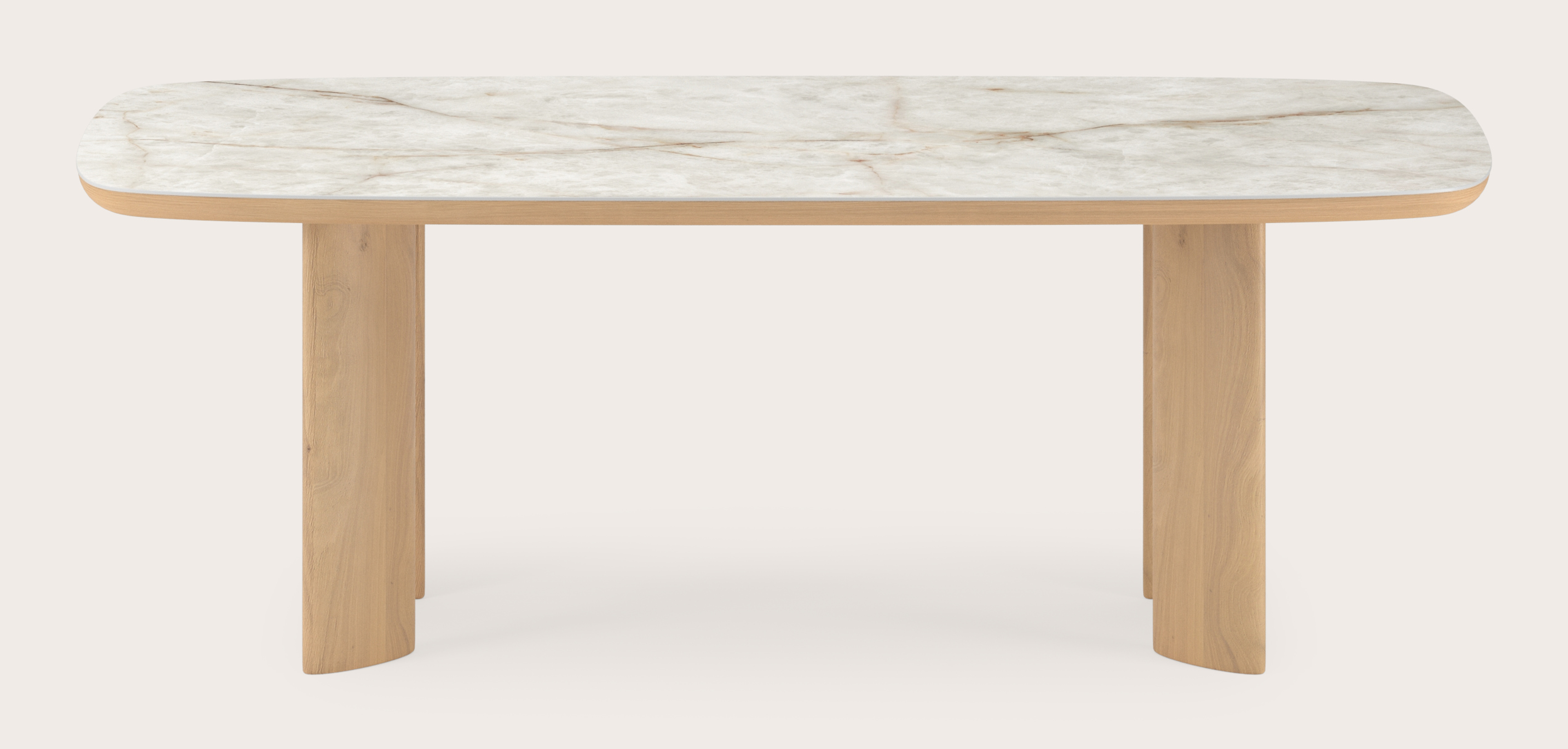 Eettafel Amato Ellipso onderstel in natuurkleurige eik met bootvormig volkeramisch Ceramo blad in kleur Himalaya 220 x 105 x 76 cm