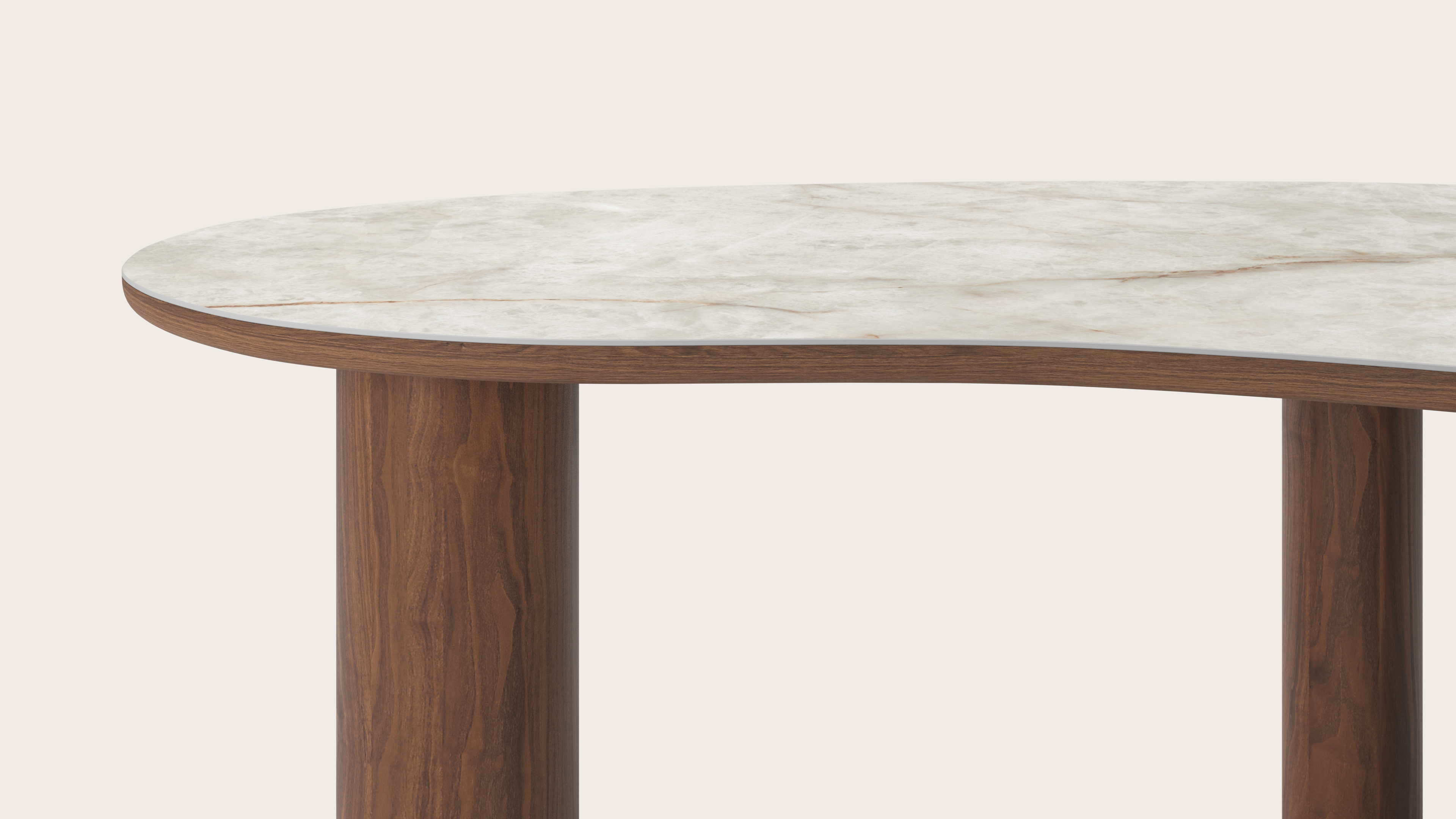 Table de salle à manger Amato Rondo armature en noyer avec plateau Ceramo forme blob en céramique en couleur Himalaya 220 x 112 x 77 cm
