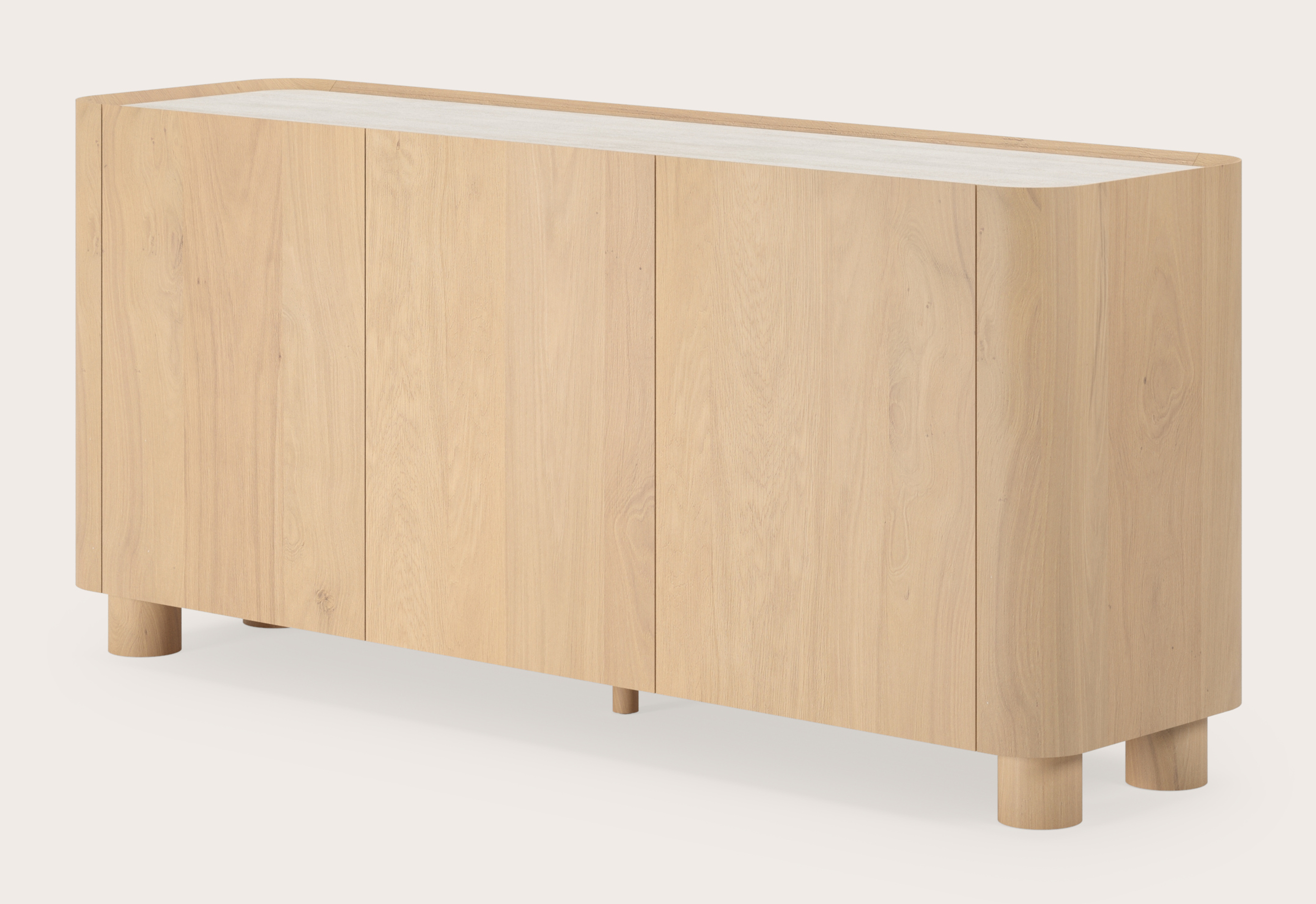 Buffet Curvato en chêne couleur naturelle avec pieds ronds en bois avec plateau Ceramo en céramique en couleur Travertino Bianco 169 x 45 x 76 cm