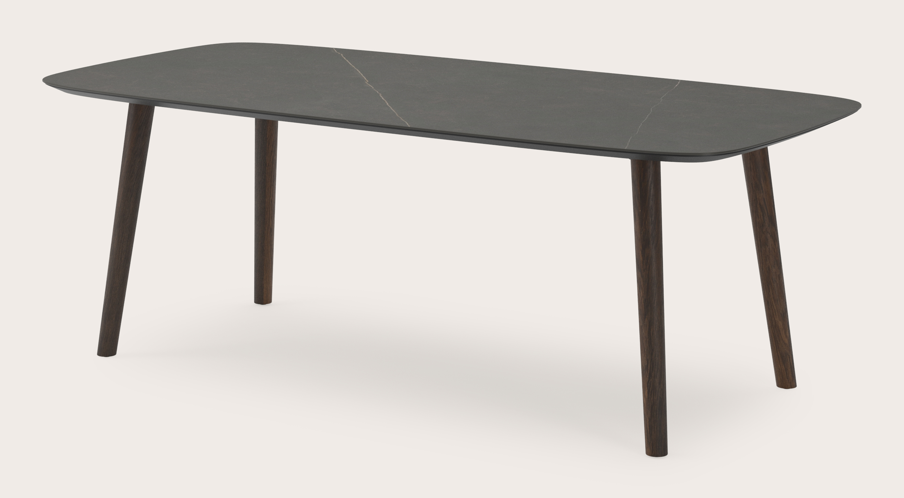 Table de salle à manger Conico armature en chêne fumé avec plateau Ceramo forme arrondie en céramique en couleur Calatorao 200 x 105 x 77 cm