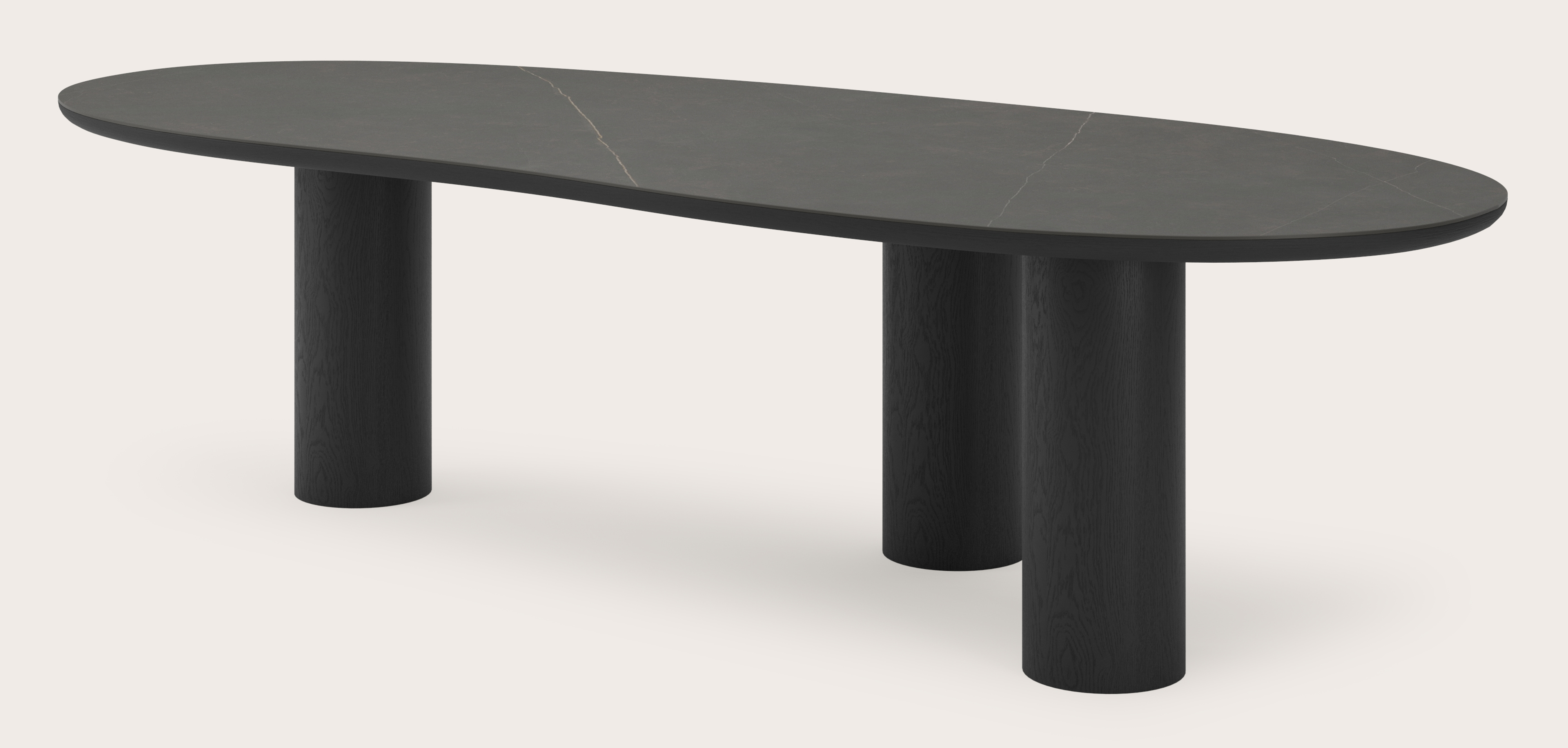 Table de salle à manger Amato Rondo armature en chêne noir avec plateau Ceramo forme blob en céramique en couleur Calatorao 300 x 122 x 77 cm