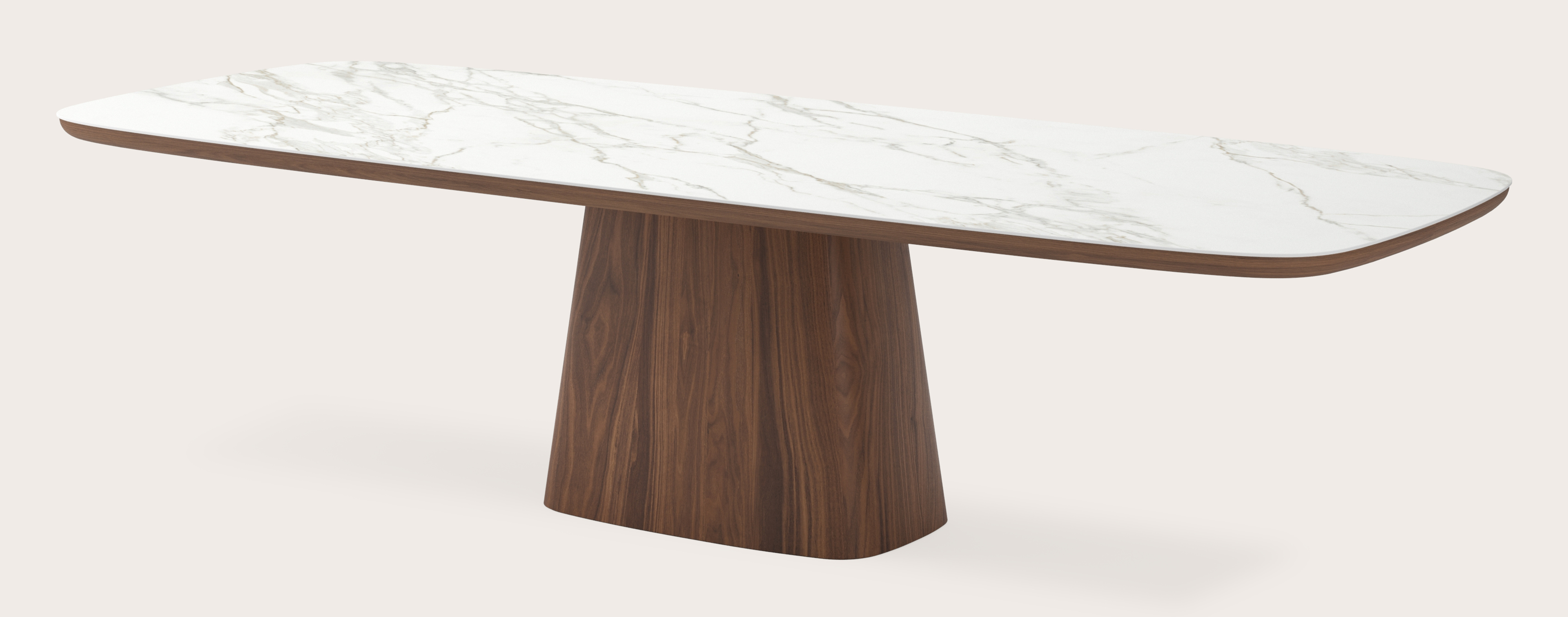 Eettafel Amato Cuadro onderstel in noyer avec plateau Ceramo forme arrondie en céramique en couleur Calacatta 300 x 115 x 77 cm