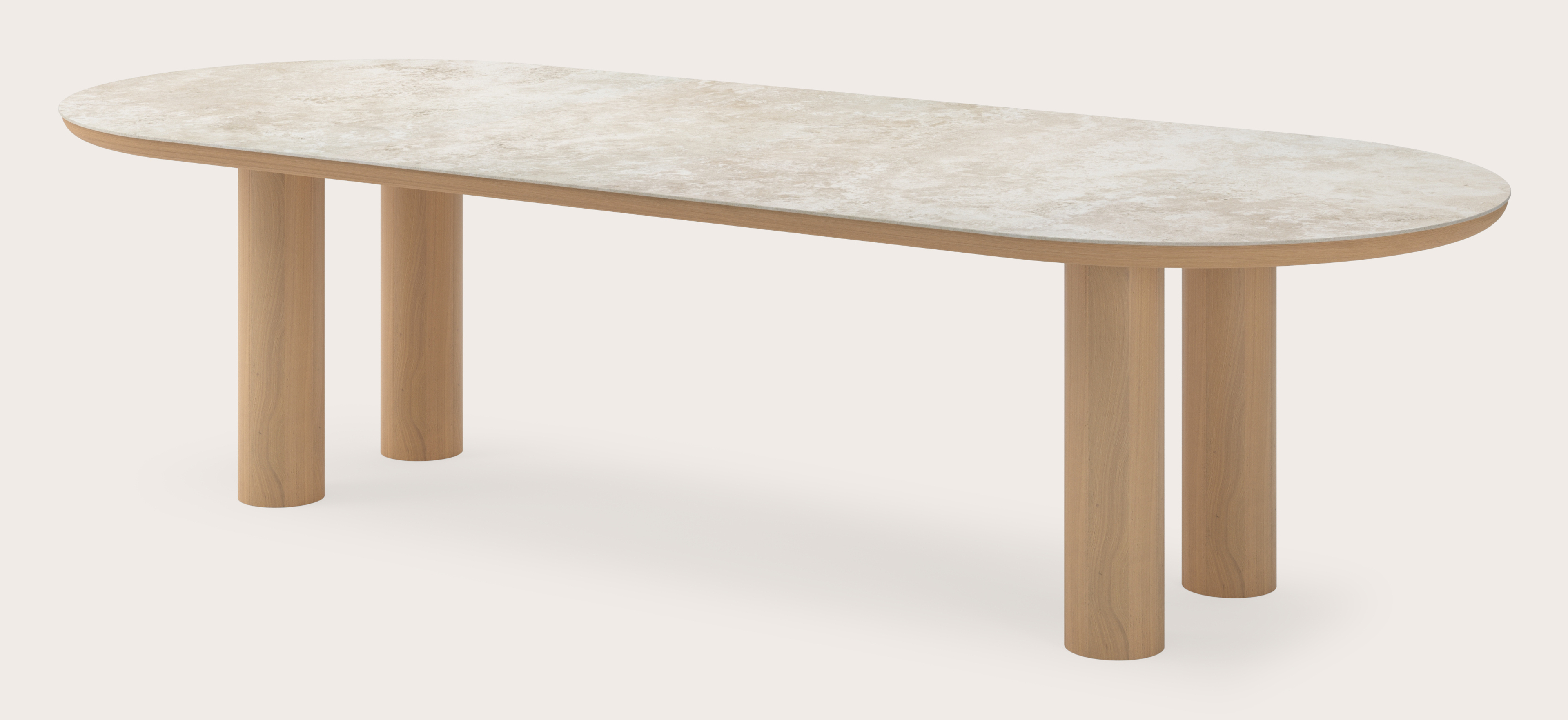 Eettafel Amato Rondo onderstel in natuurkleurige eik met plat ovaal volkeramisch Ceramo blad in kleur Rapolano 300 x 120 x 76 cm