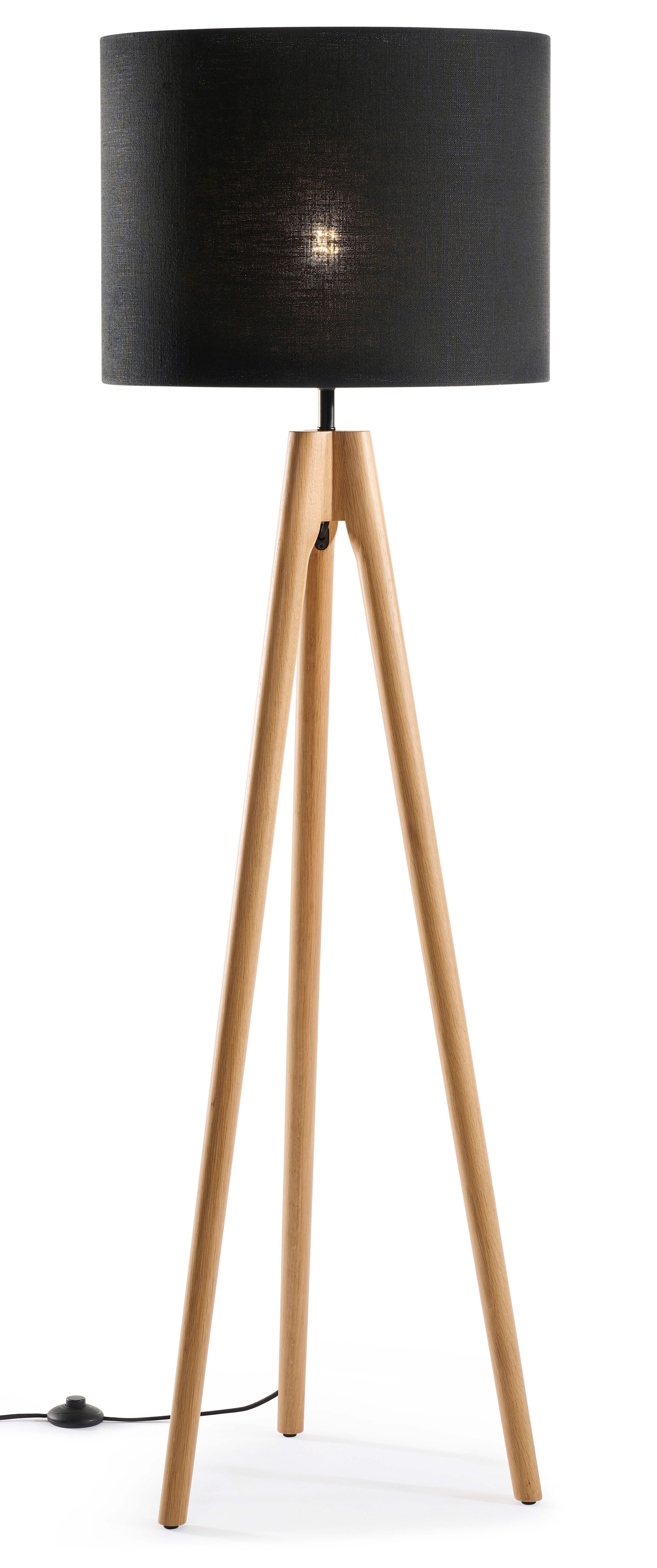 Staande lamp Trepunto in natuurkleurige eik met Giro lampenkap in Livigno stof in kleur Black