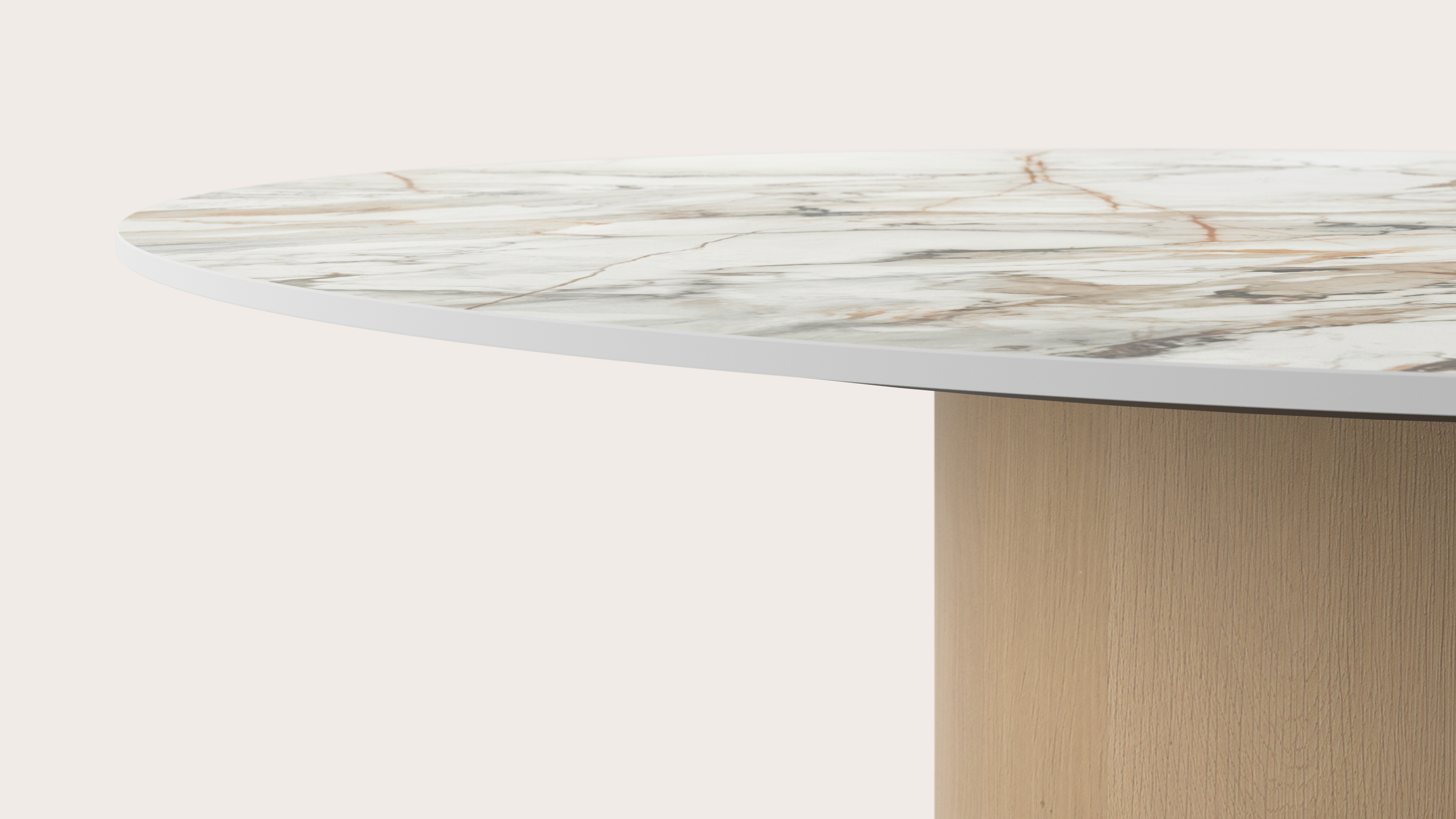 Eettafel low dining Amato Rondo onderstel in natuurkleurige eik met rond volkeramisch Ceramo Lux blad in kleur Calacatta Luxe Ø140 x 69 cm