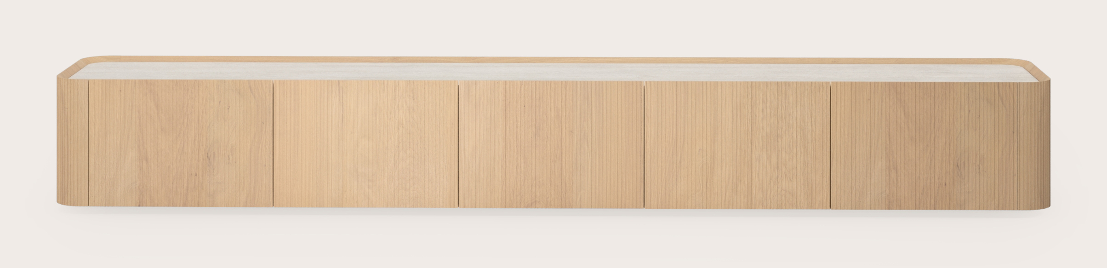 Meuble tv Grivato en chêne couleur naturelle avec pieds ronds avec plateau Ceramo rond en céramique en couleur Travertino Bianco 269 x 45 cm