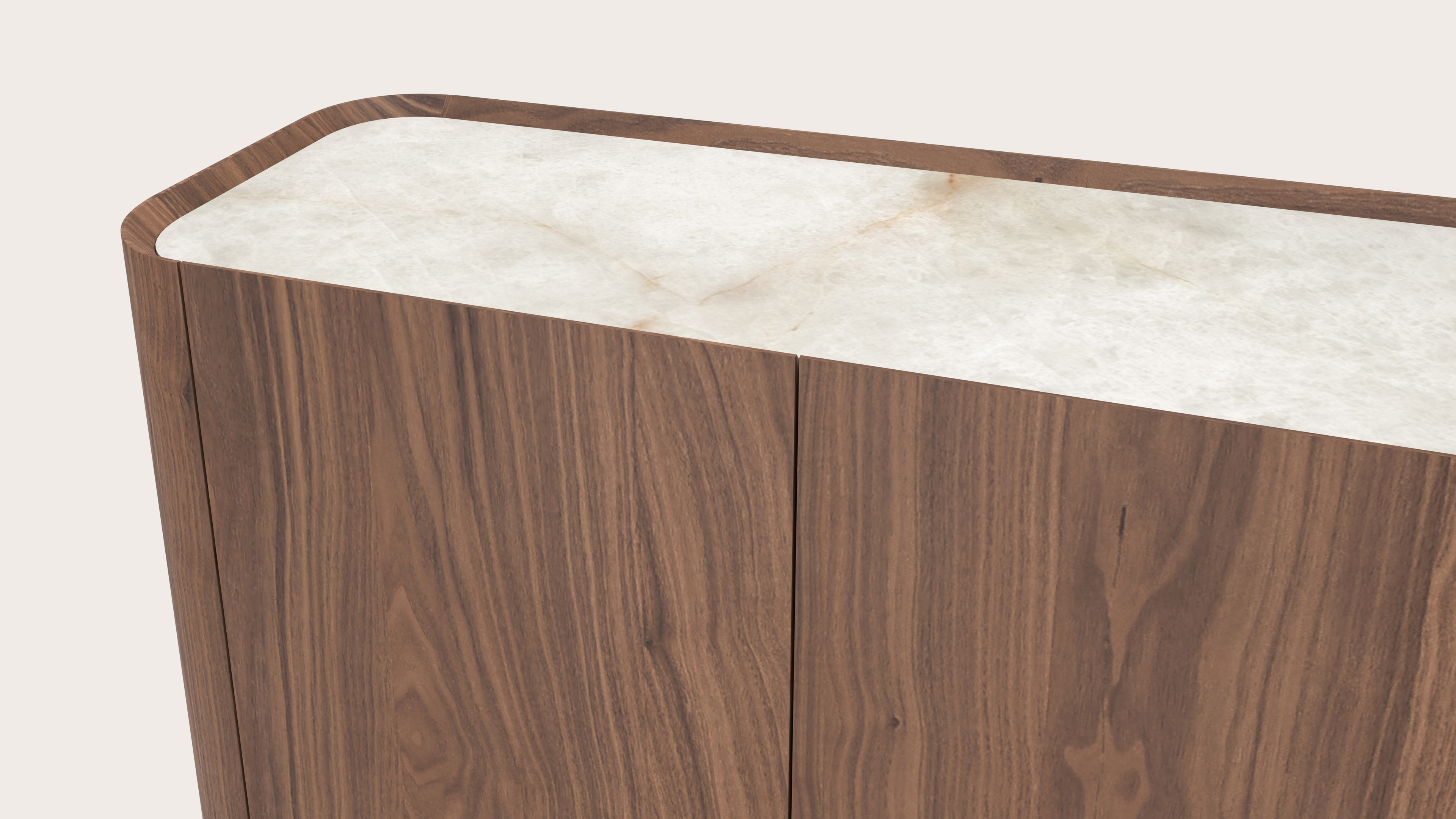 Curvato halkast in walnoot met volkeramisch Ceramo blad in kleur Himalaya 177x36x78cm