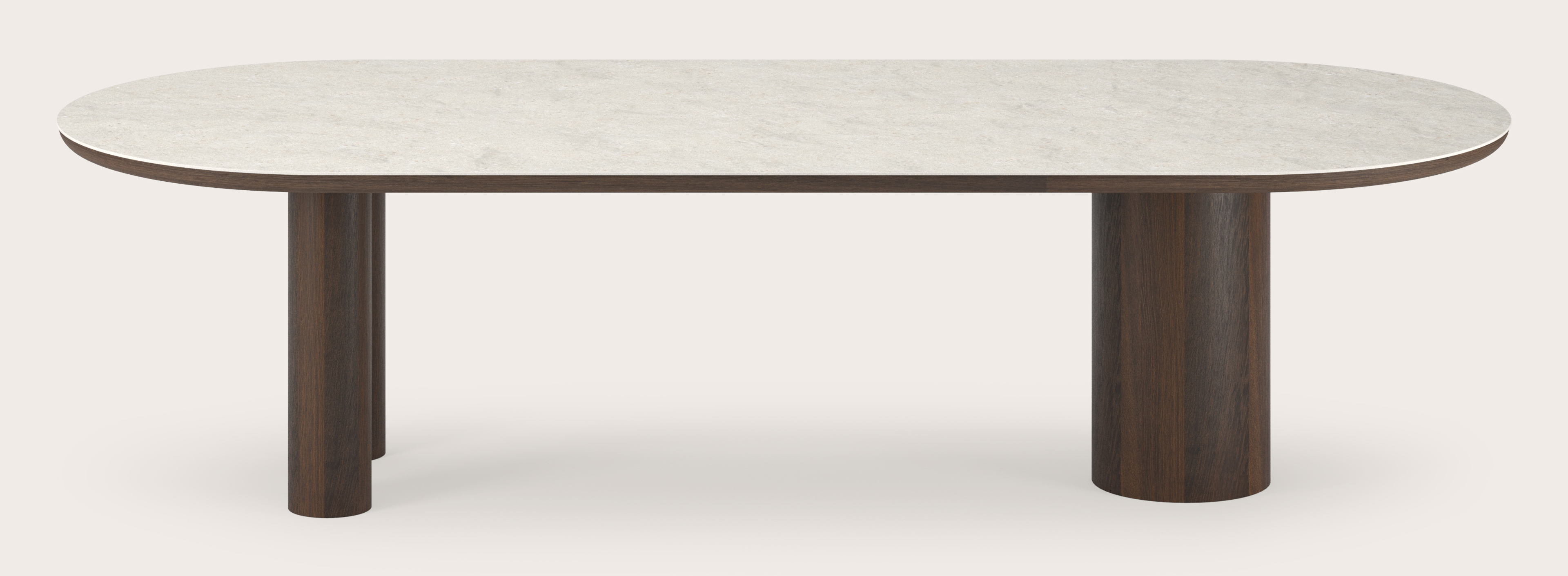 Table de salle à manger Amato Rondo armature en chêne fumé avec plateau Ceramo ovale plat en céramique en couleur Shilin 300 x 120 x 76 cm