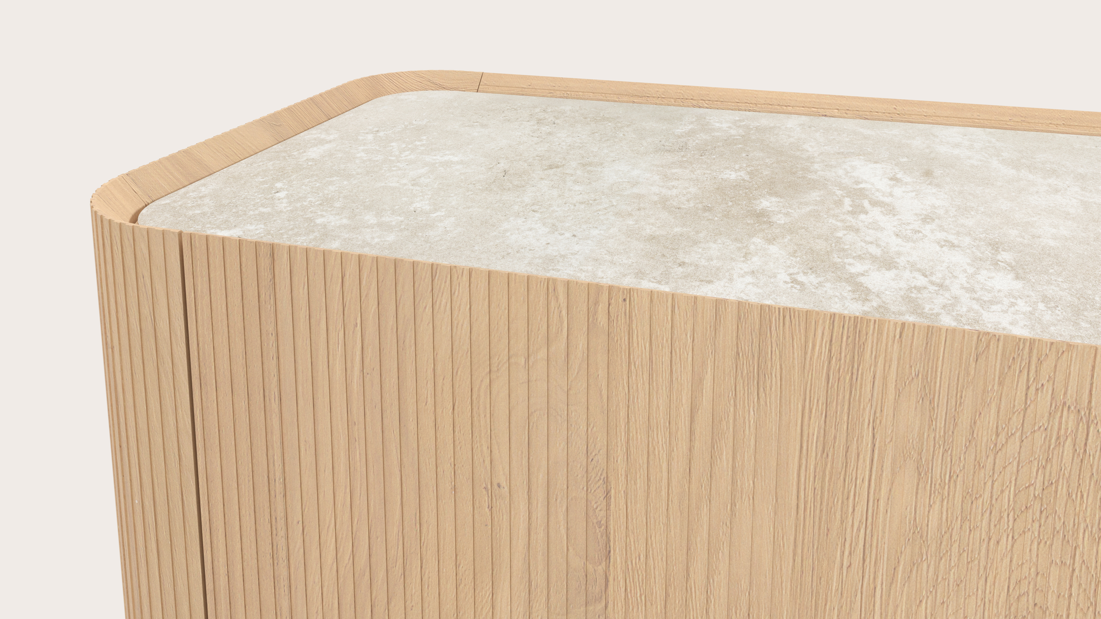 Meuble tv Grivato en chêne couleur naturelle avec pieds ronds avec plateau Ceramo rond en céramique en couleur Rapolano 203 x 45 cm