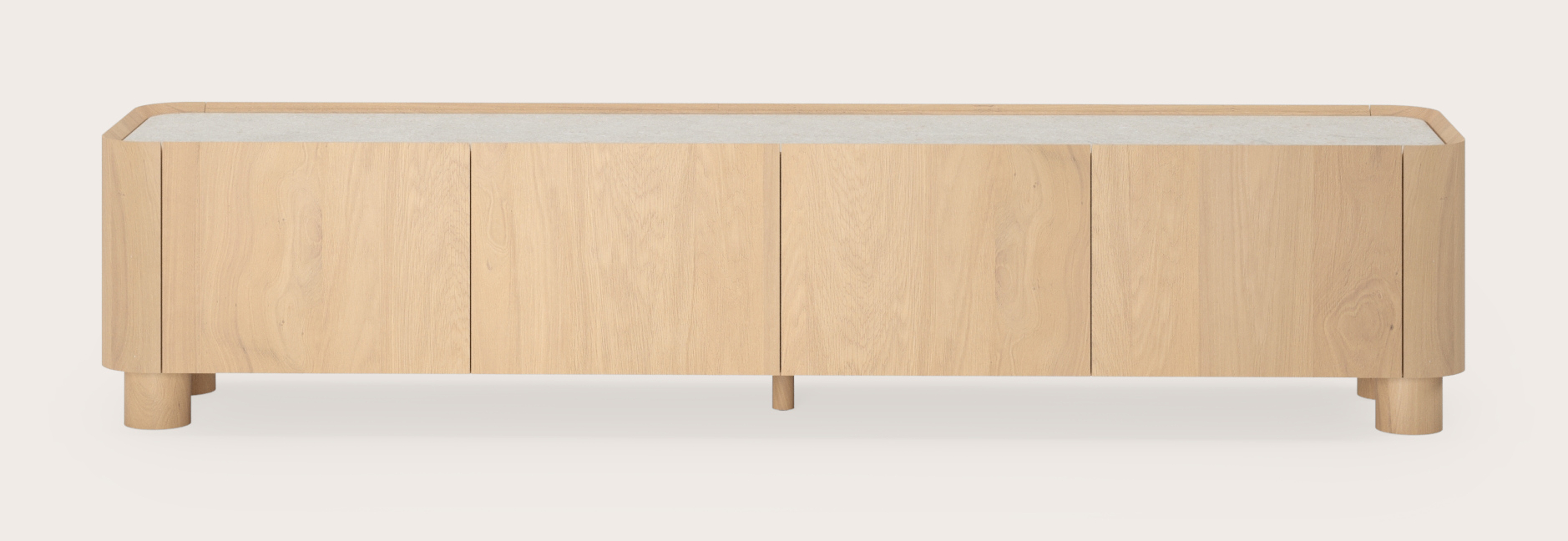 Curvato tv-meubel in natuurkleurige eik met ronde houten poten met volkeramisch Ceramo blad in kleur Shilin 203 x 45 x 44 cm