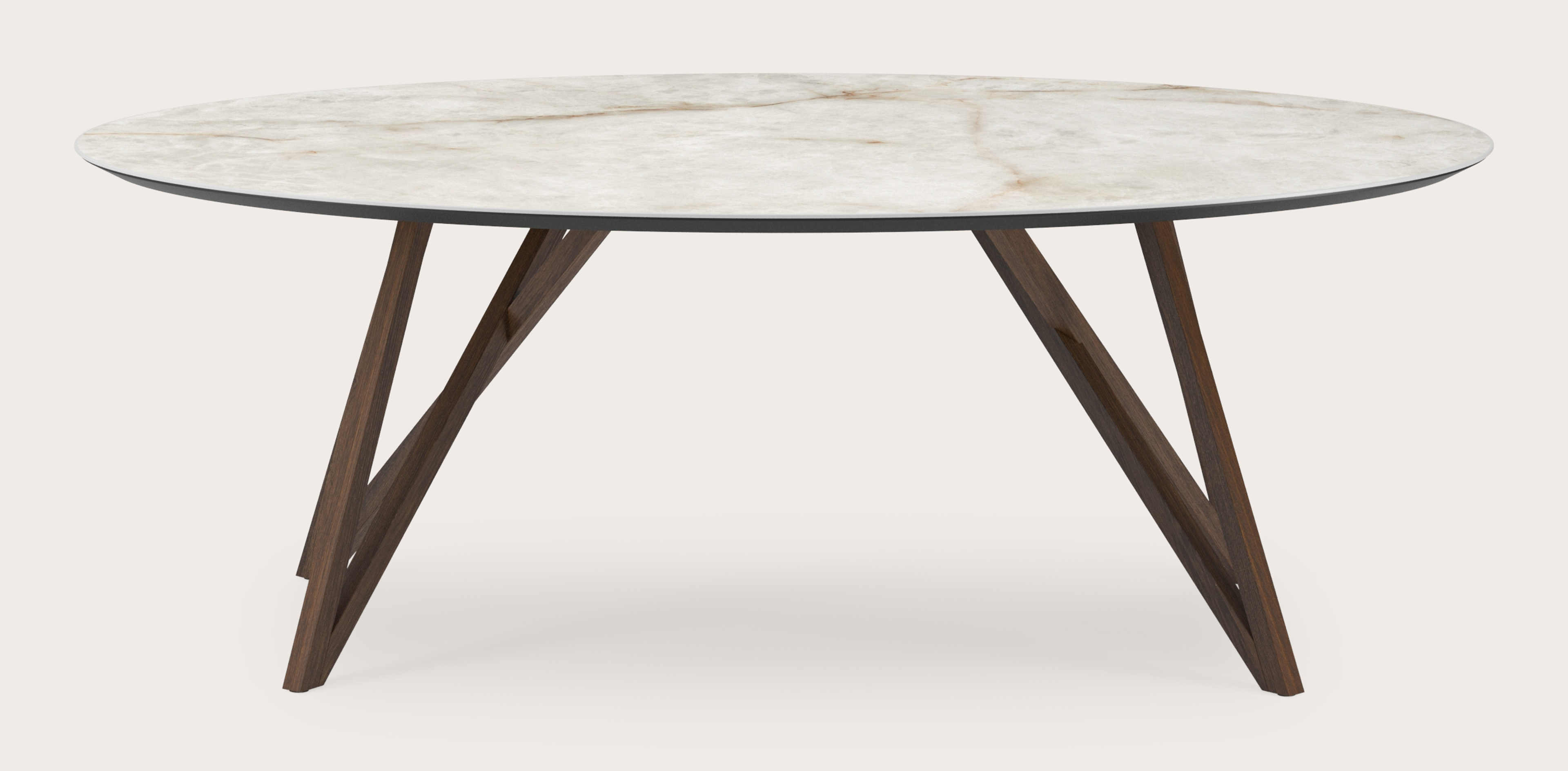 Table de salle à manger Ragno armature en chêne fumé avec plateau Ceramo ovale en céramique en couleur Himalaya 220 x 120 x 77 cm