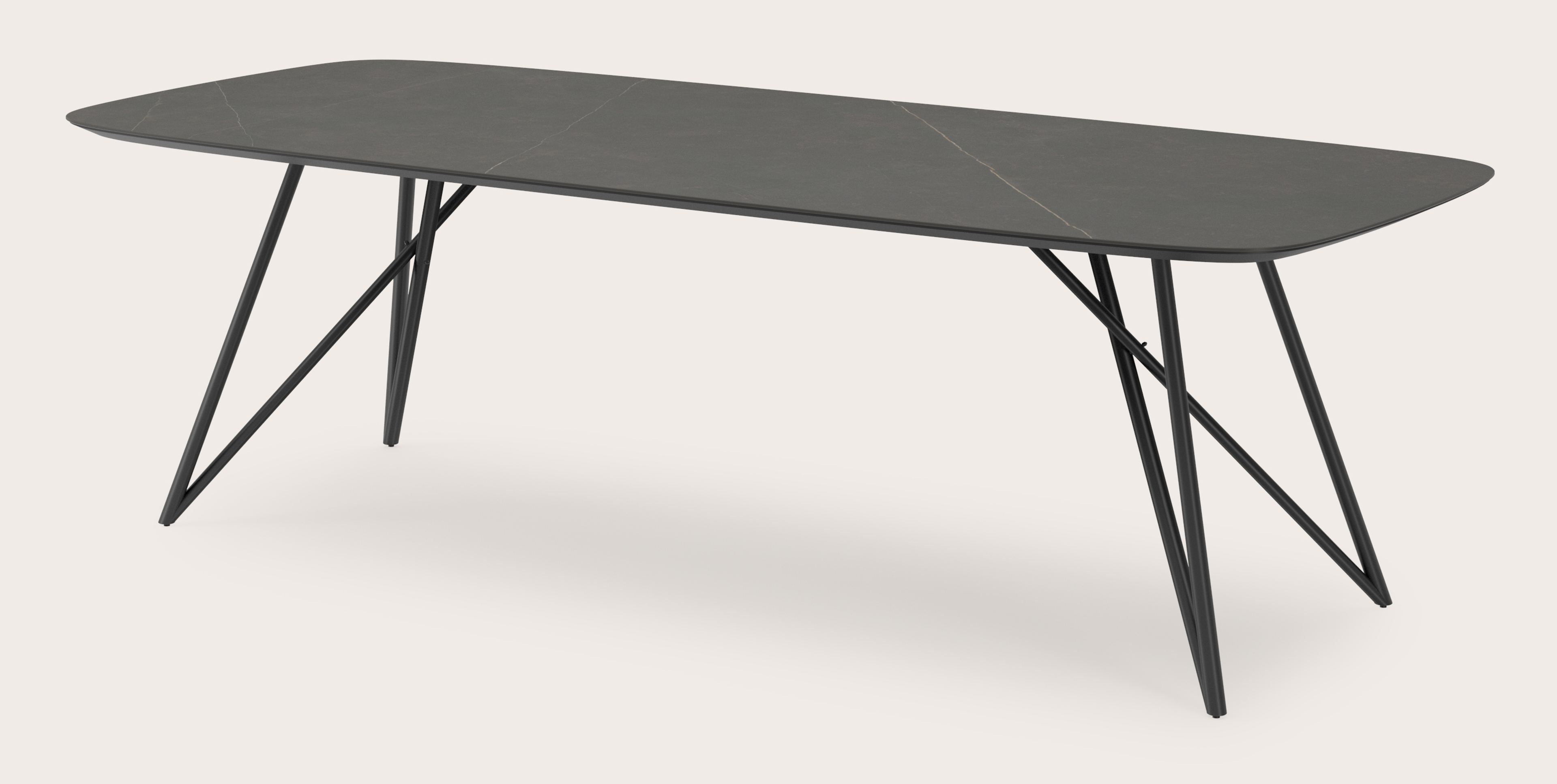 Table de salle à manger Ragno armature en métal noir avec plateau Ceramo forme arrondi en céramique en couleur Calatorao 260 x 110 x 77 cm